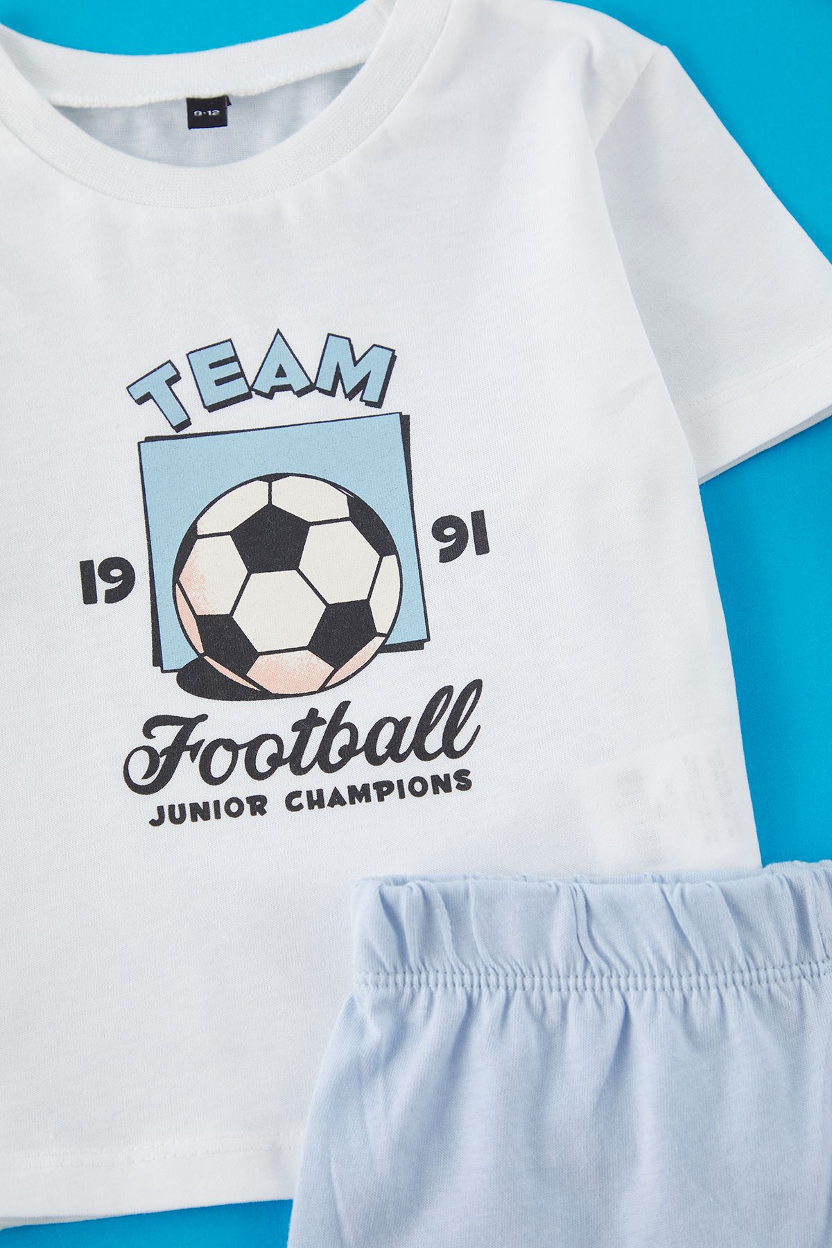 TRENDYOLKIDS-Ecru Baby Boy 100% Cotton Football Printed Short Sleeve Knitted Top-Bottom Set Tkdss25Au00156 3