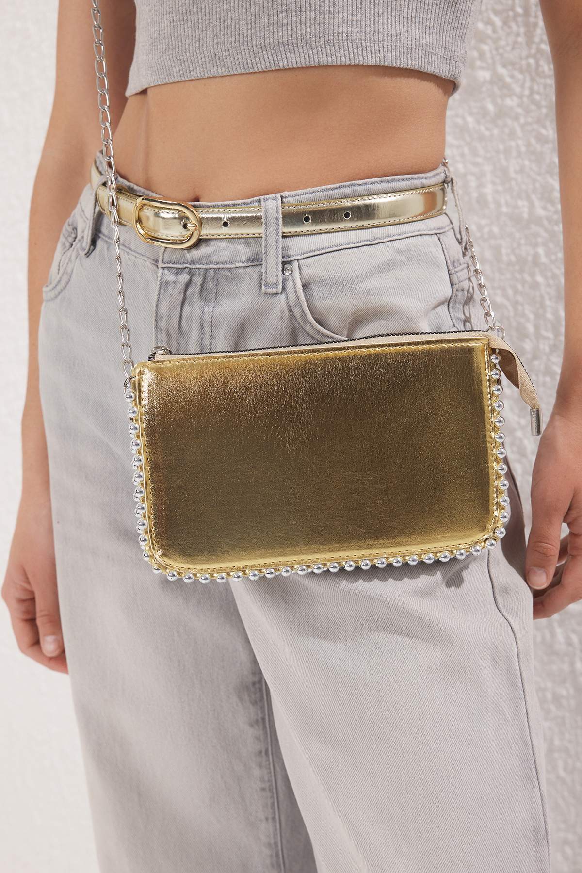 TRENDYOL SHOES-Gold Studded Cross Strap Women's Wallet Bag Twoaw25Oc00005 1