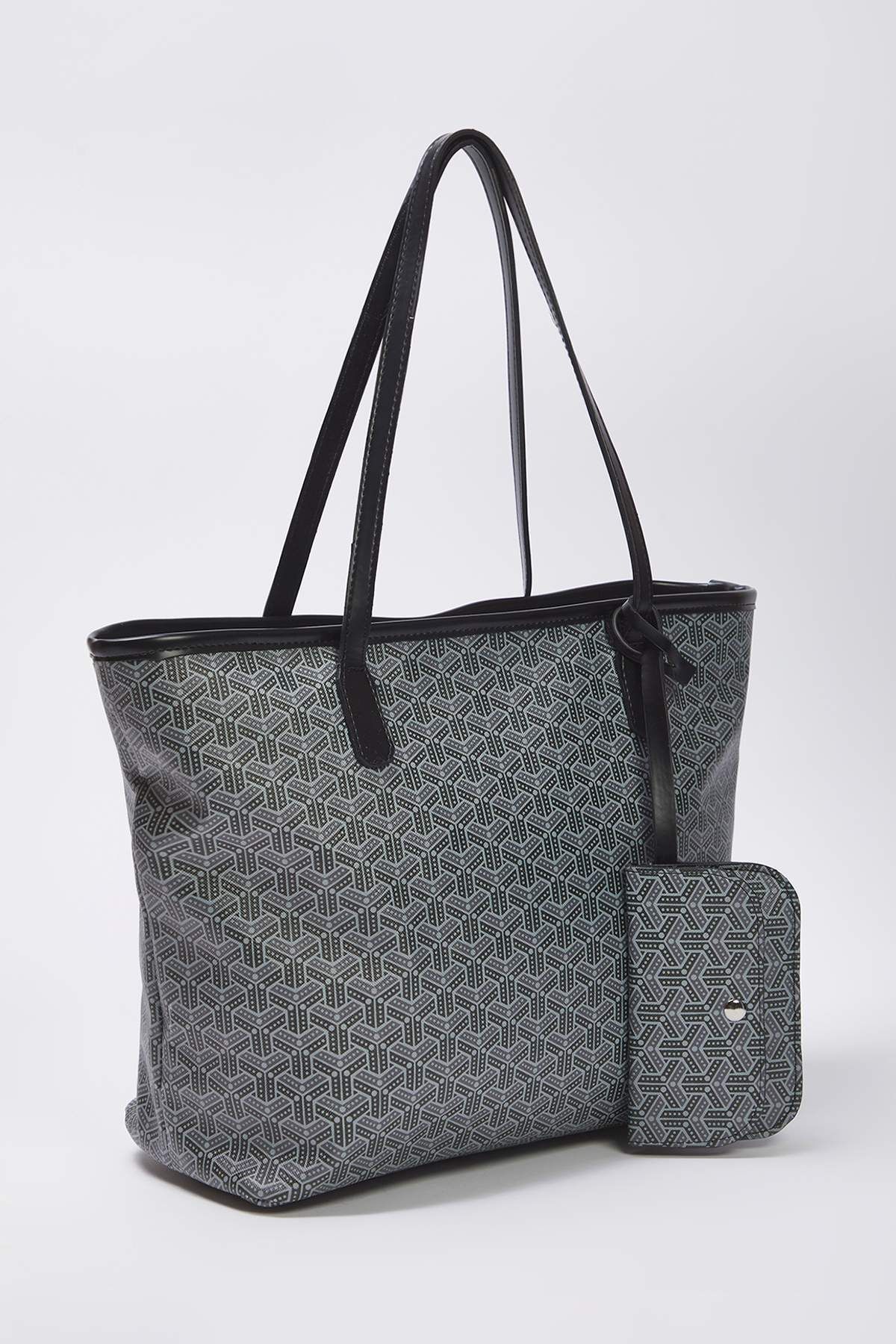 TRENDYOL SHOES-Dunkelanthrazit mit Welpen, geometrisch gemustert, Damen-Maxi-Tote-Schulterhandtasche TAKSS25OC00061 4