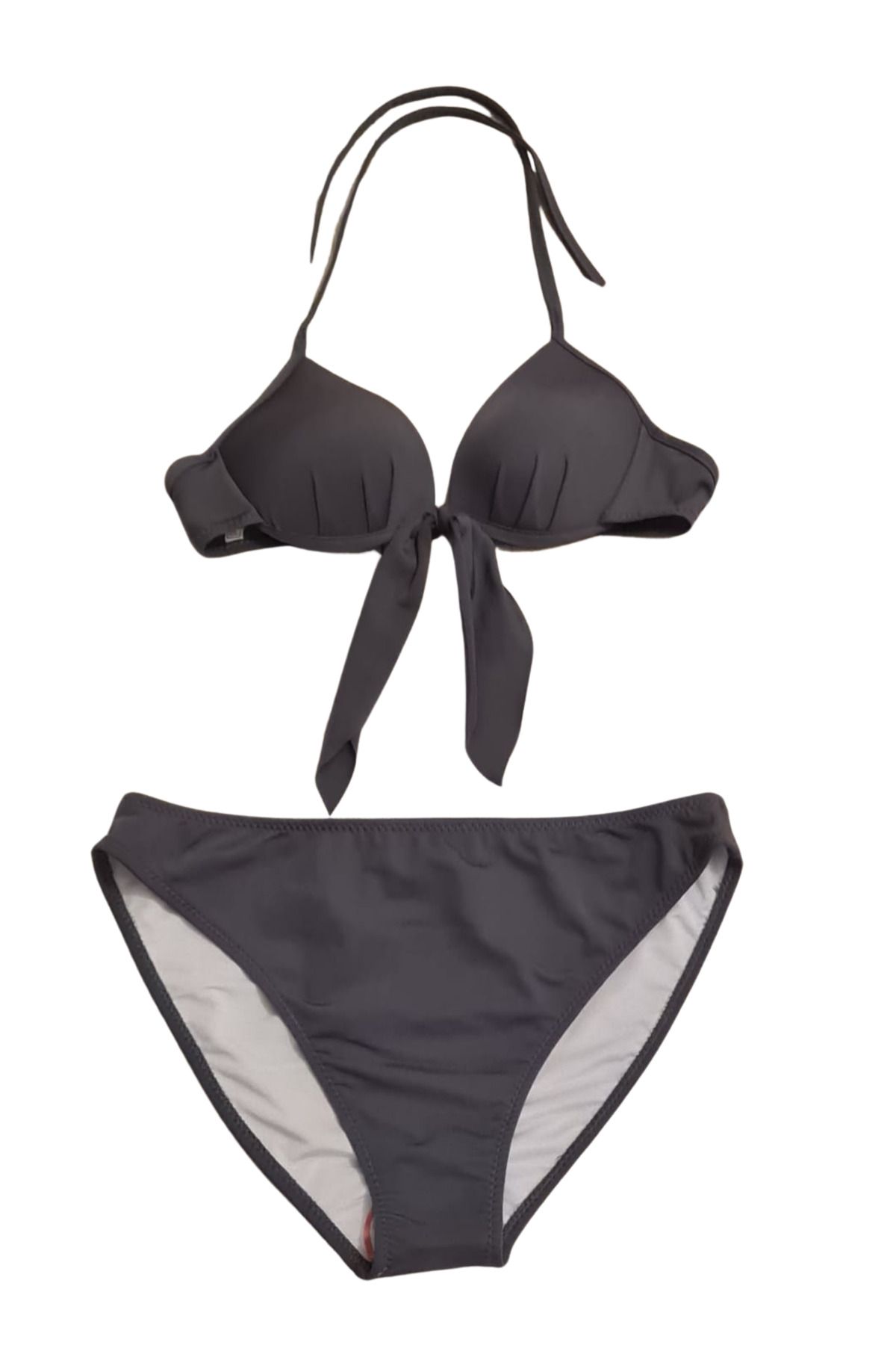Butik Çağrı Mayo Gri Brazilian Fiyonk Detaylı Dolgulu Destekli Push-Up Bikini Üstü