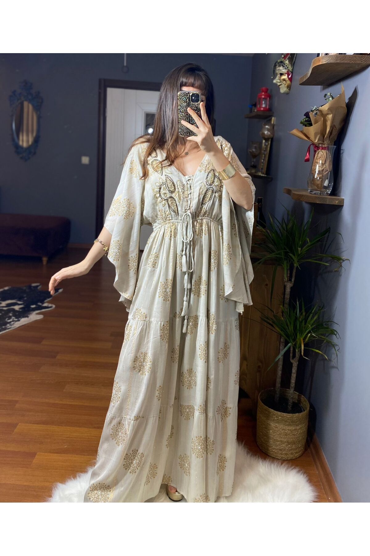 MODAGK Gold Pul ve Boncuk Detaylı İçi Astarlı Keten Helen Elbise