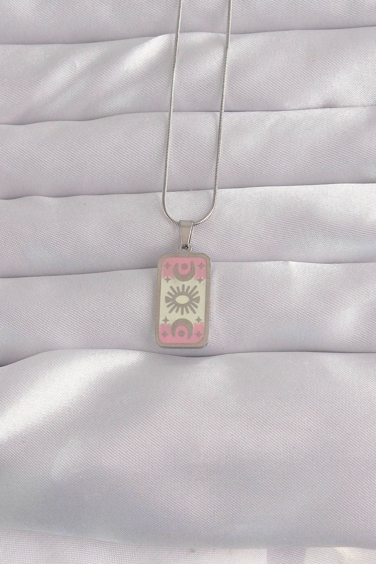 Clariss 316L Çelik Gümüş Renk Pembe Mineli Ay Figür Tarot Kolye