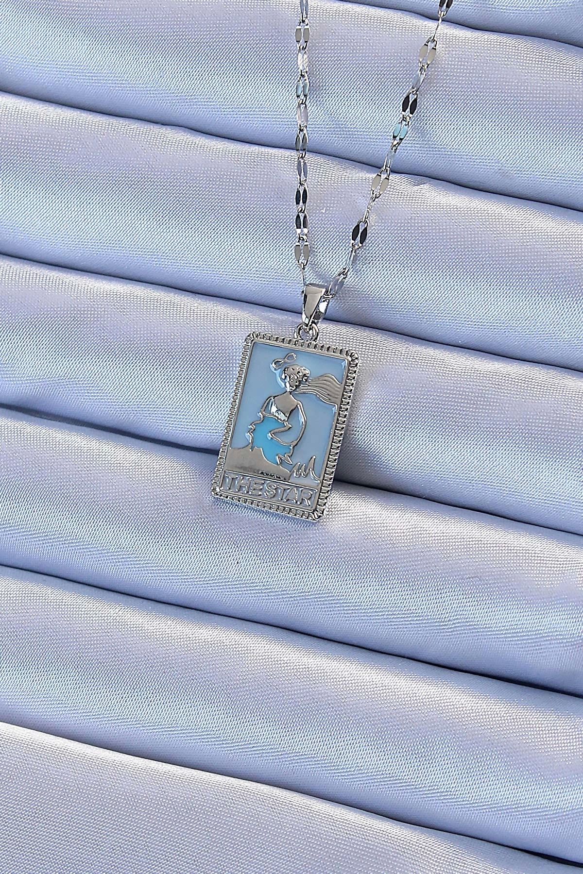 Clariss 316L Çelik Zincir Gümüş Renk Mavi Mineli Tarot Kolye
