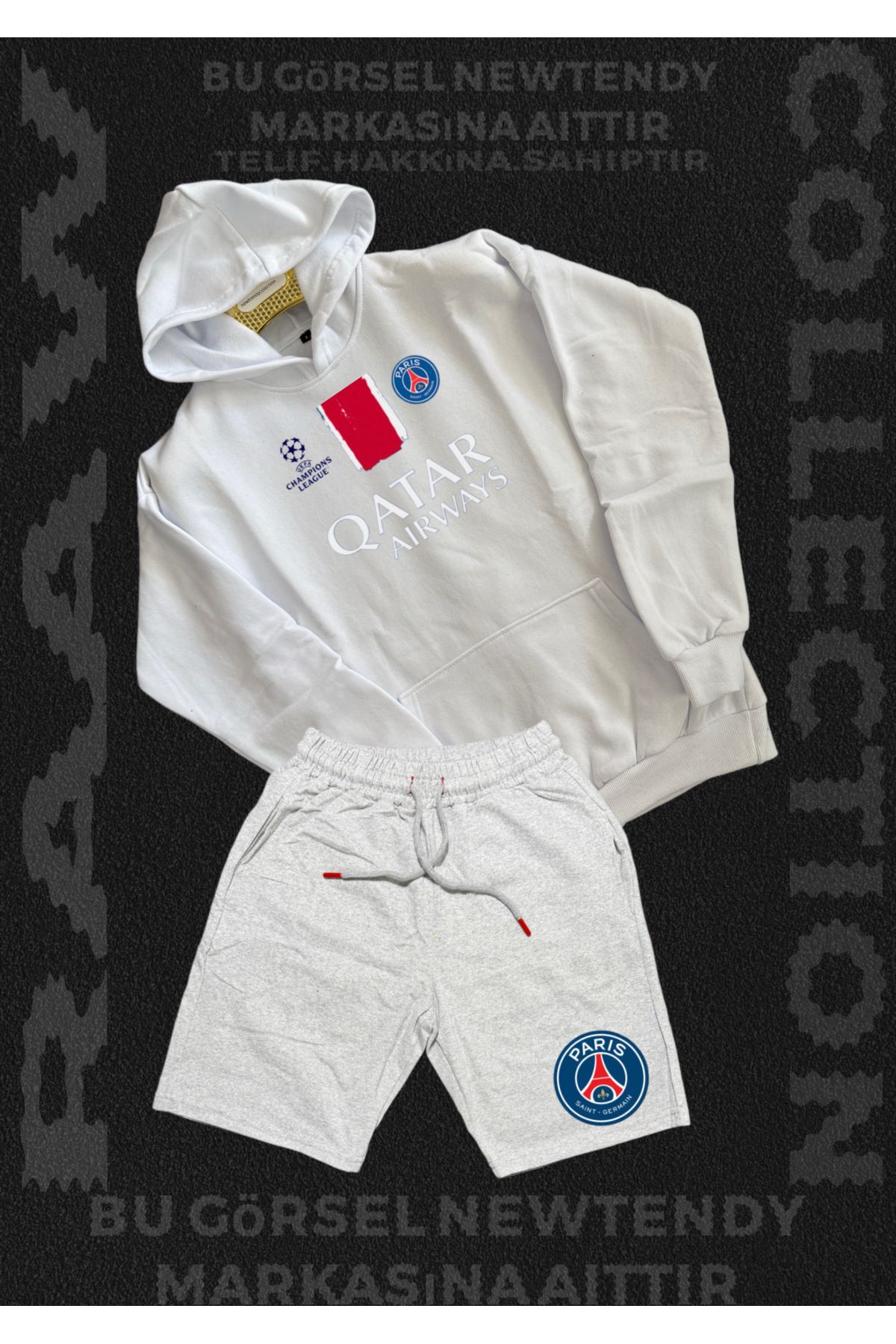 Minikelya Paris Sweatshirt Şort Takım Erkek Kapüşonlu Üst Gri siyah Alt Spor Taraftar 2 iplik Kombin