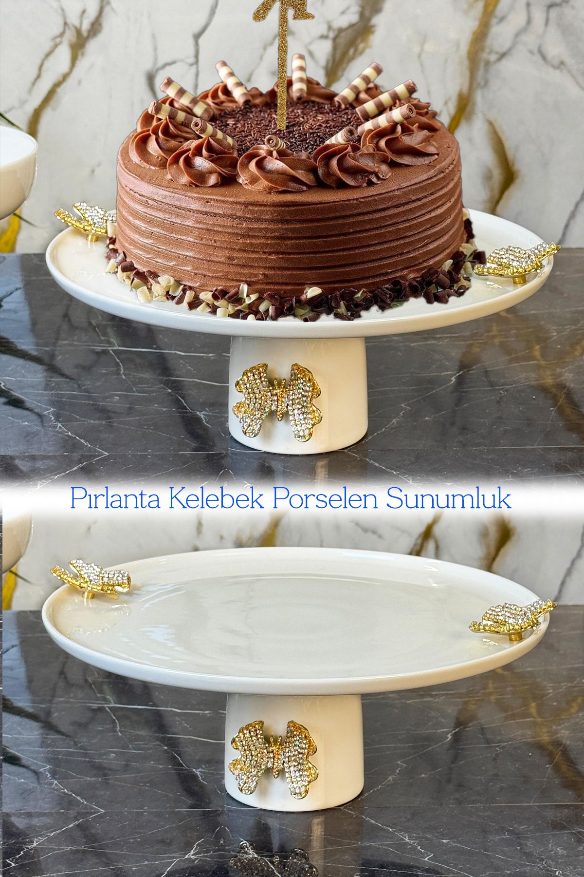 MAY HOME Pırlanta Kelebek Porselen Ayaklı Sunumluk Tabak & Kek Pasta Kurabiye Sunumluğu