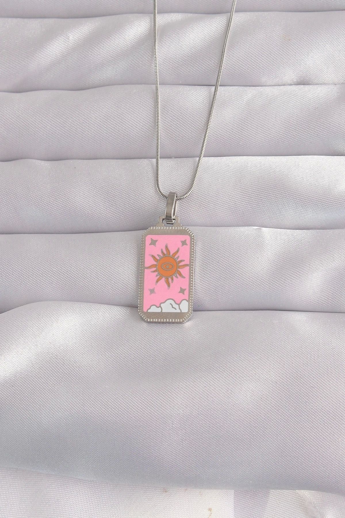 Clariss 316L Çelik Gümüş Renk Pembe Mineli Güneş Model Tarot Kolye