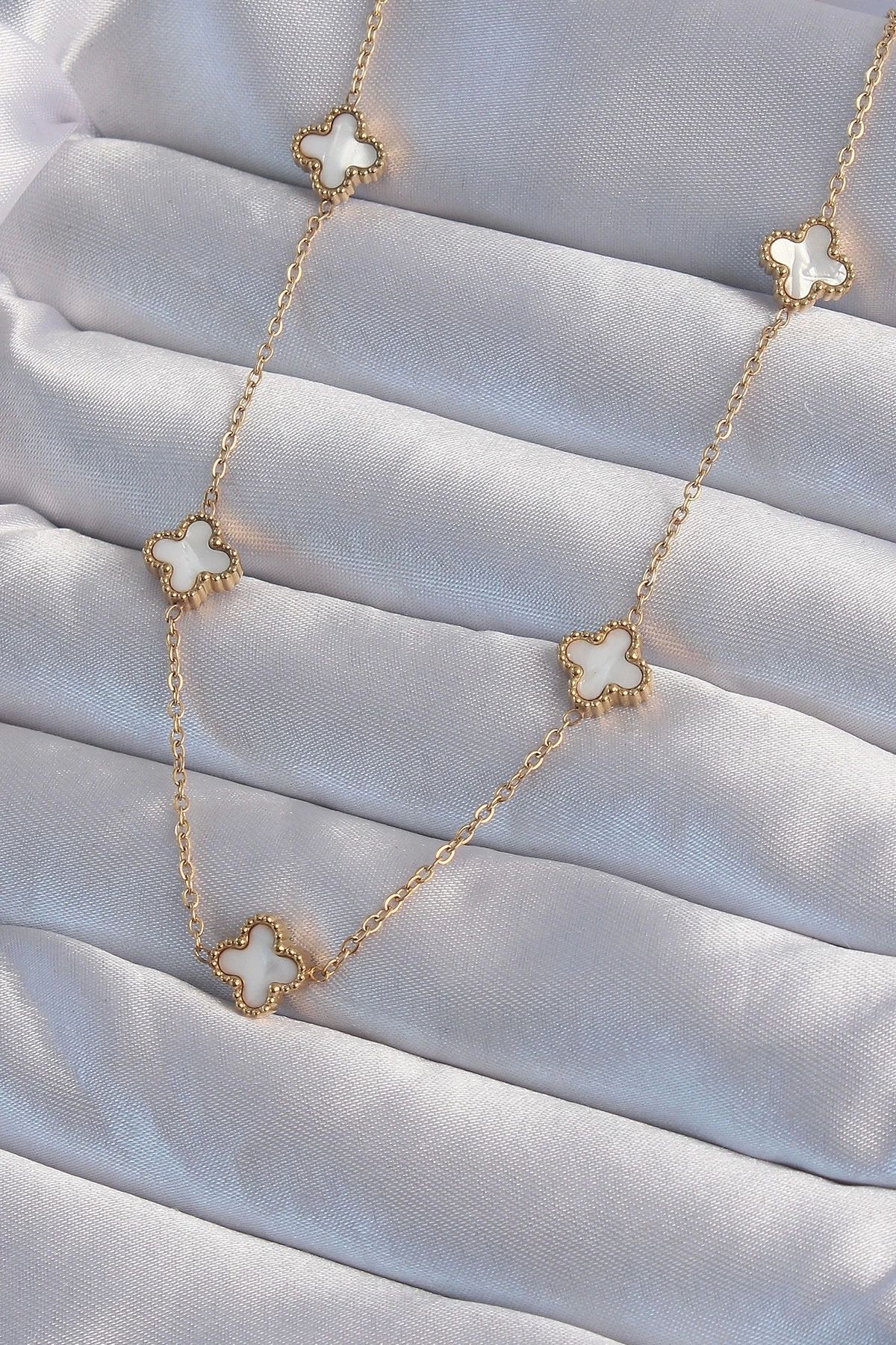 Clariss 316L Çelik Gold Renk Minimal Beyaz Sedefli Yonca Kolye