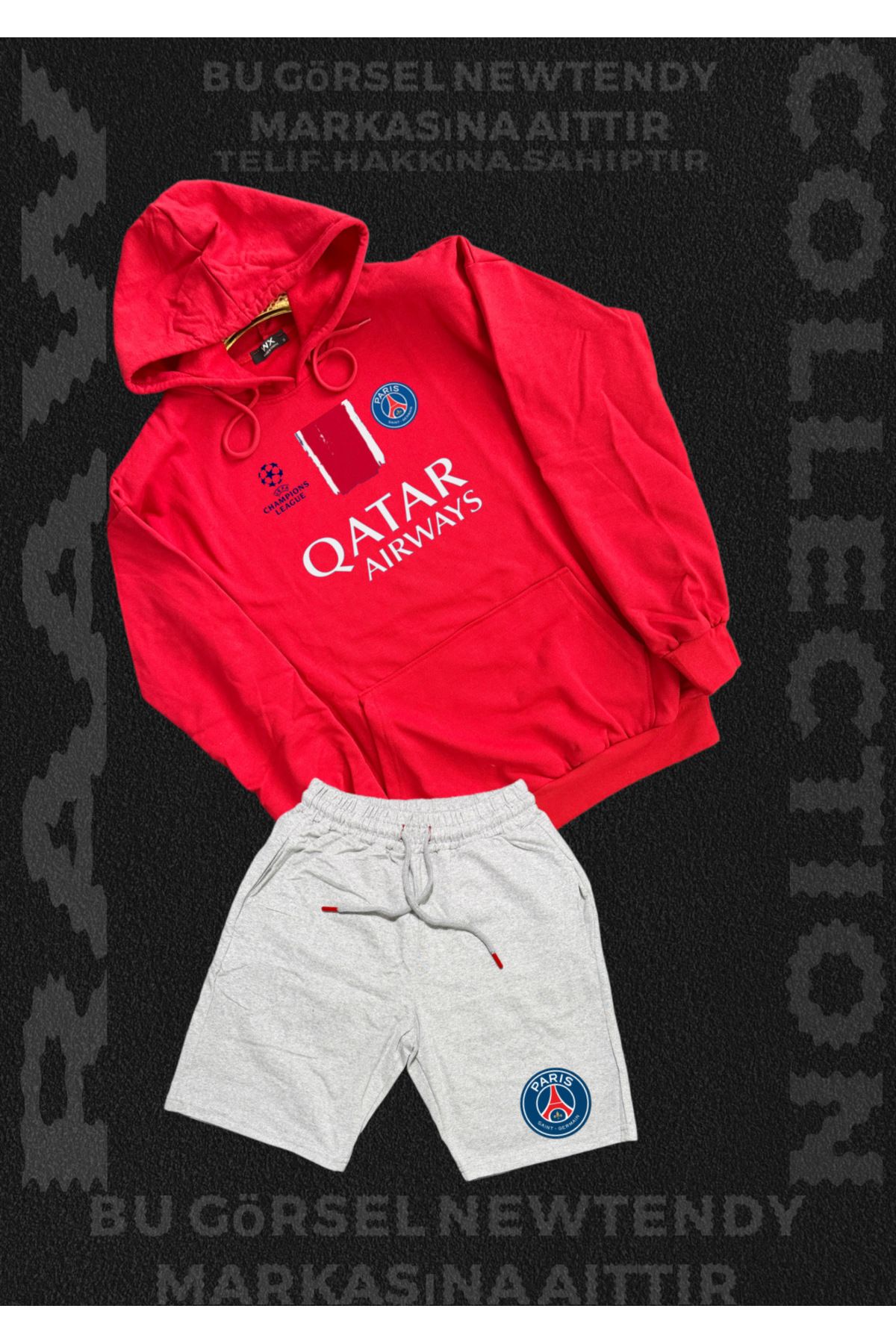 Minikelya Paris Sweatshirt Şort Takım Erkek Kapüşonlu Üst Gri siyah Alt Spor Taraftar 2 iplik Kombin