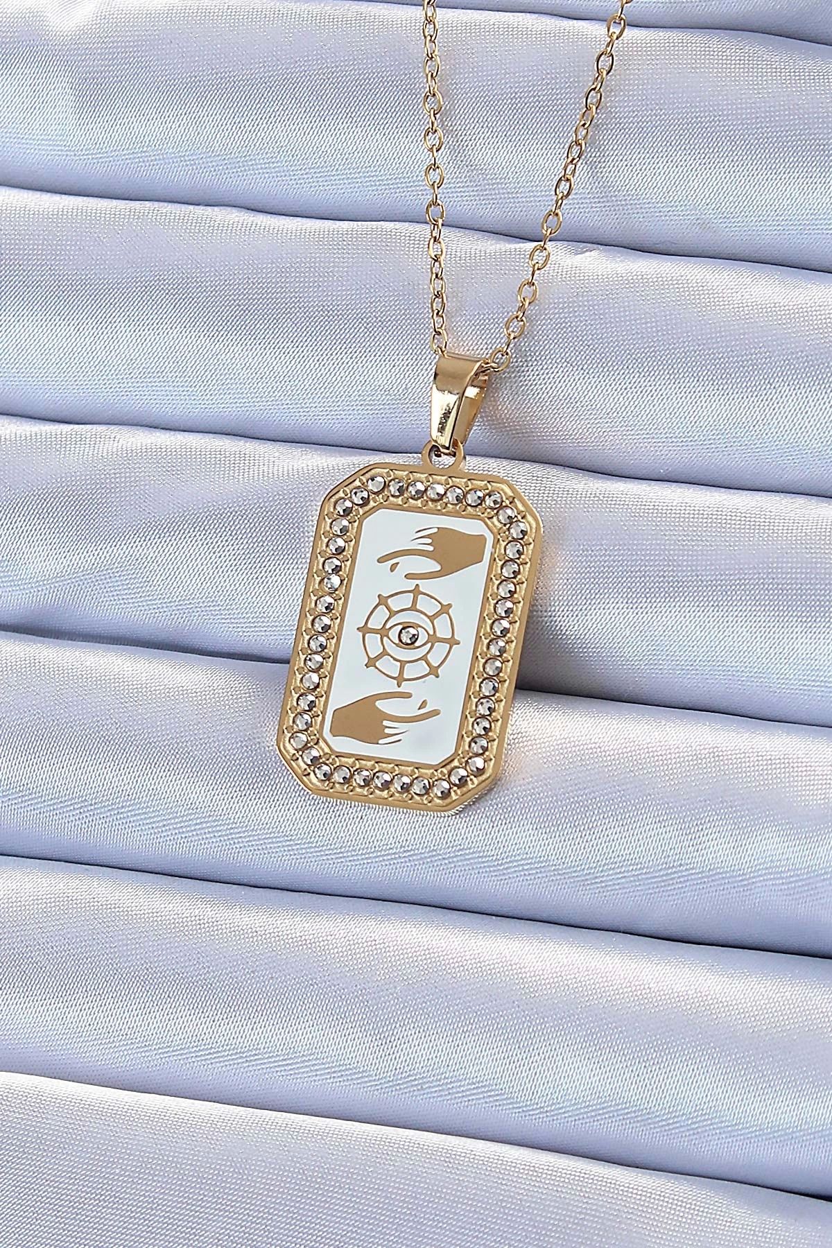 Clariss 316L Çelik Zincir Altın Renk Mineli Zirkon Taşlı Göz Figür Tarot Kolye