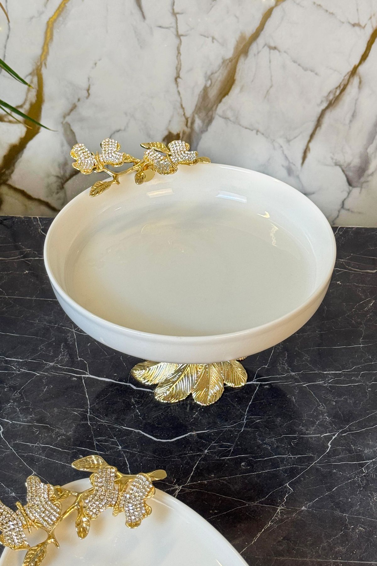 MAY HOME 2'li Pırlanta Kelebek Porselen Metal Ayaklı Salata Kasesi