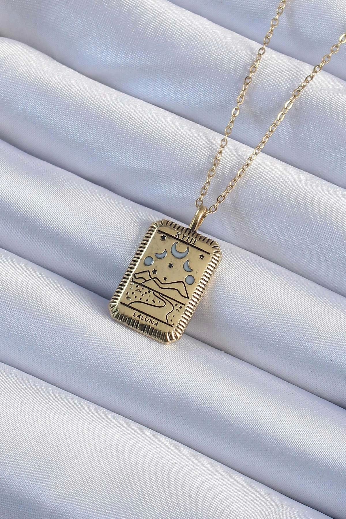 Clariss 316L Çelik Zincir Eskitme Altın Renk Ay Figürlü Tarot Kolye