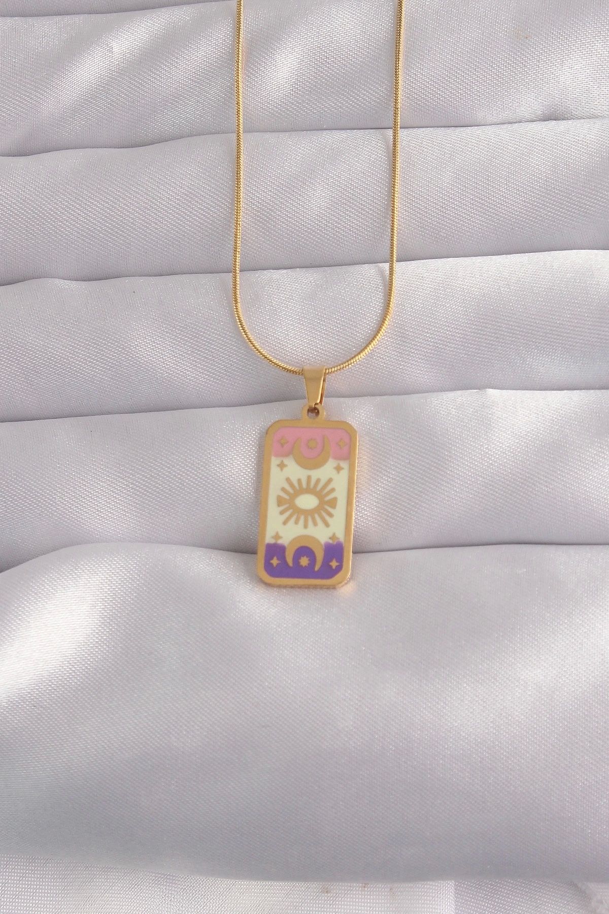 Clariss 316L Çelik Gold Renk Karışık Mineli Ay Figür Tarot Kolye
