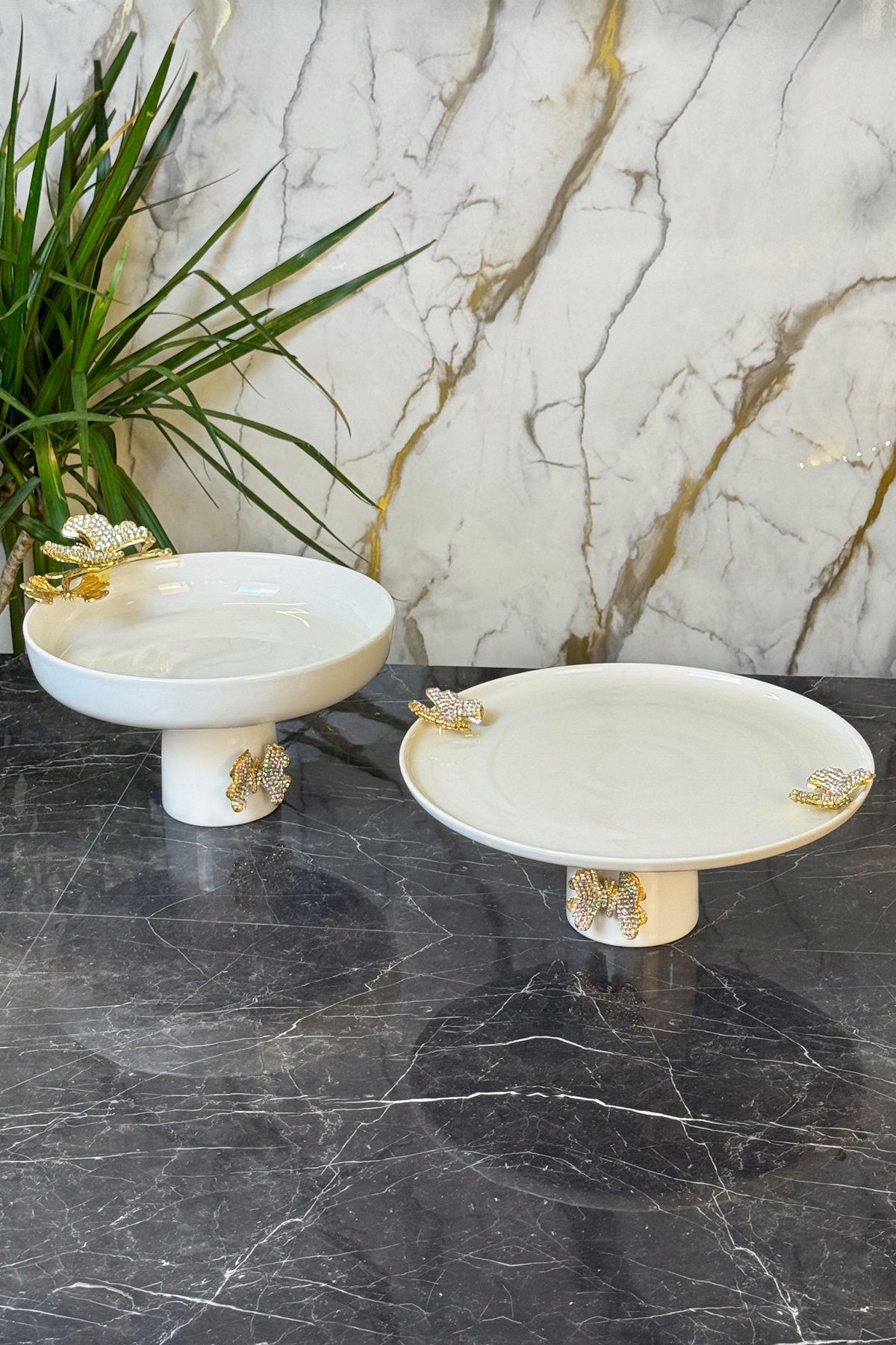 MAY HOME Pırlanta Kelebek Porselen Ayaklı Kase Tabak Seti & Salata Meze Kek Pasta Sunumluğu