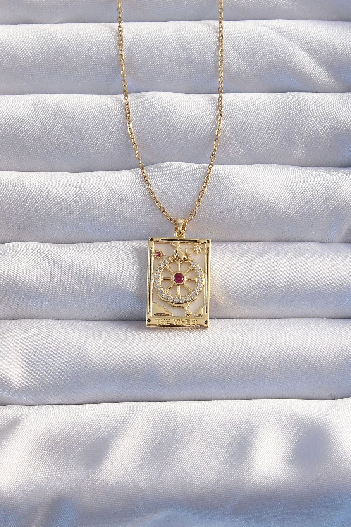 Clariss 316L Çelik Zincir Gold Renk Pembe Zirkon Taşlı Tarot Kolye