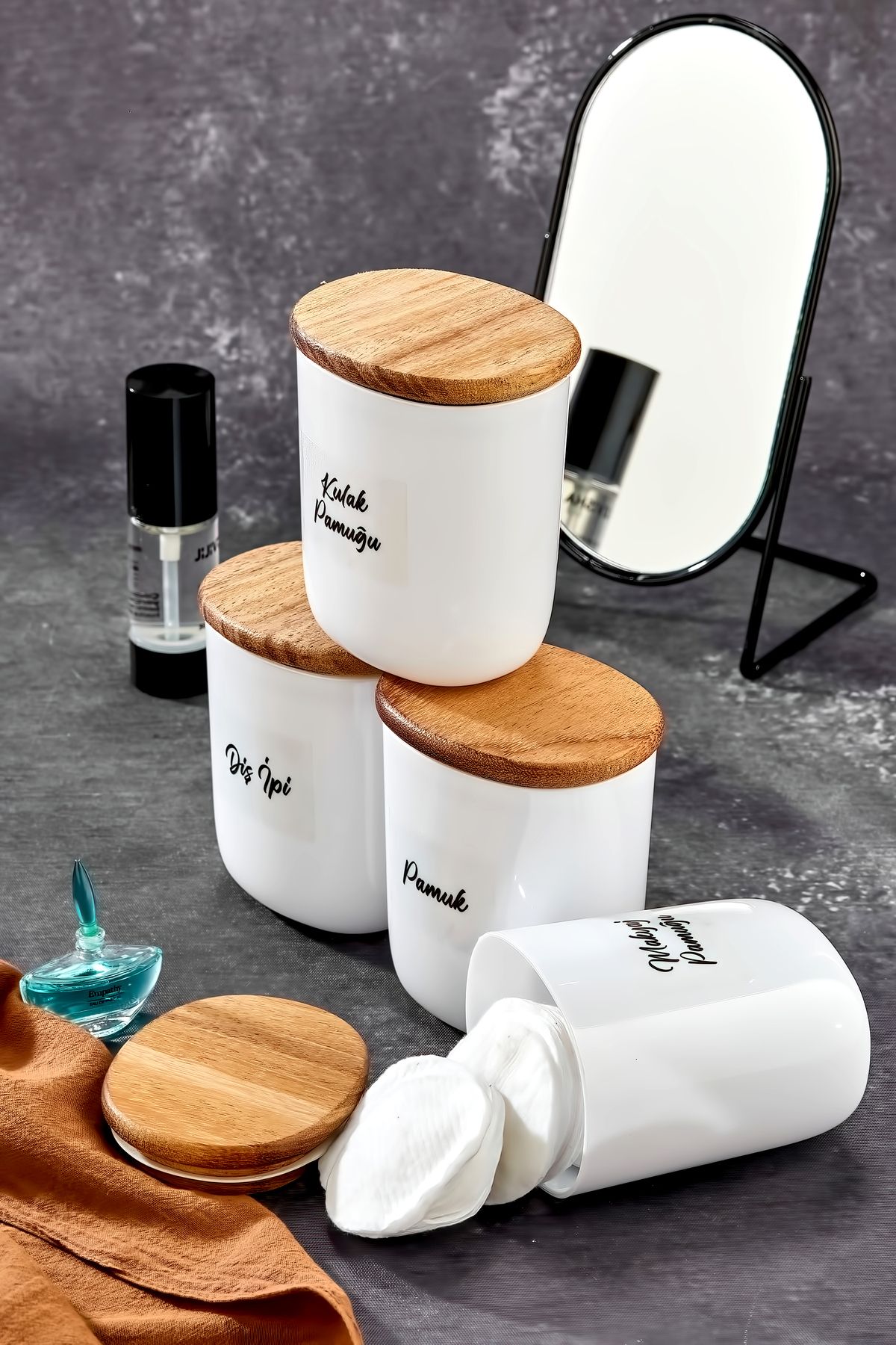 FBZhome 4'lü Ahşap Kapaklı Akrilik Diş Ipi & Kulak Pamuğu & Pamuk & Makyaj Pamuğu Banyo Seti 400 Ml