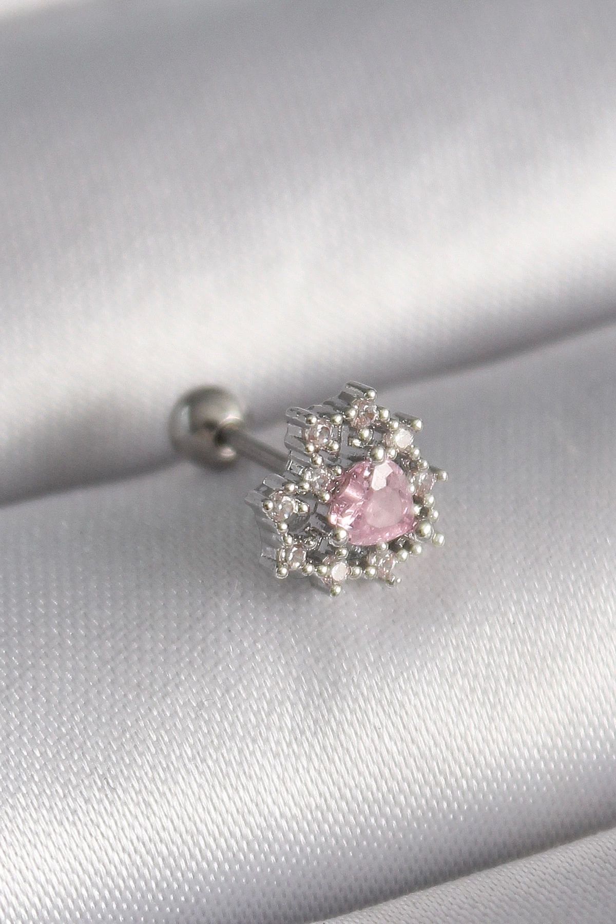 Clariss 316L Çelik Gümüş Renk Zirkon Taşlı Kalp Tragus Piercing
