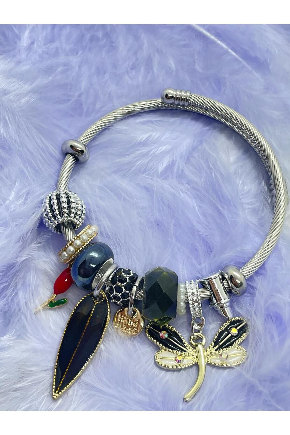 melif accesories Yusufçuk Yaprak Çiçek Figürlü Siyah Detaylı Çelik Bilezik - Doğal ve Şık Tasarım