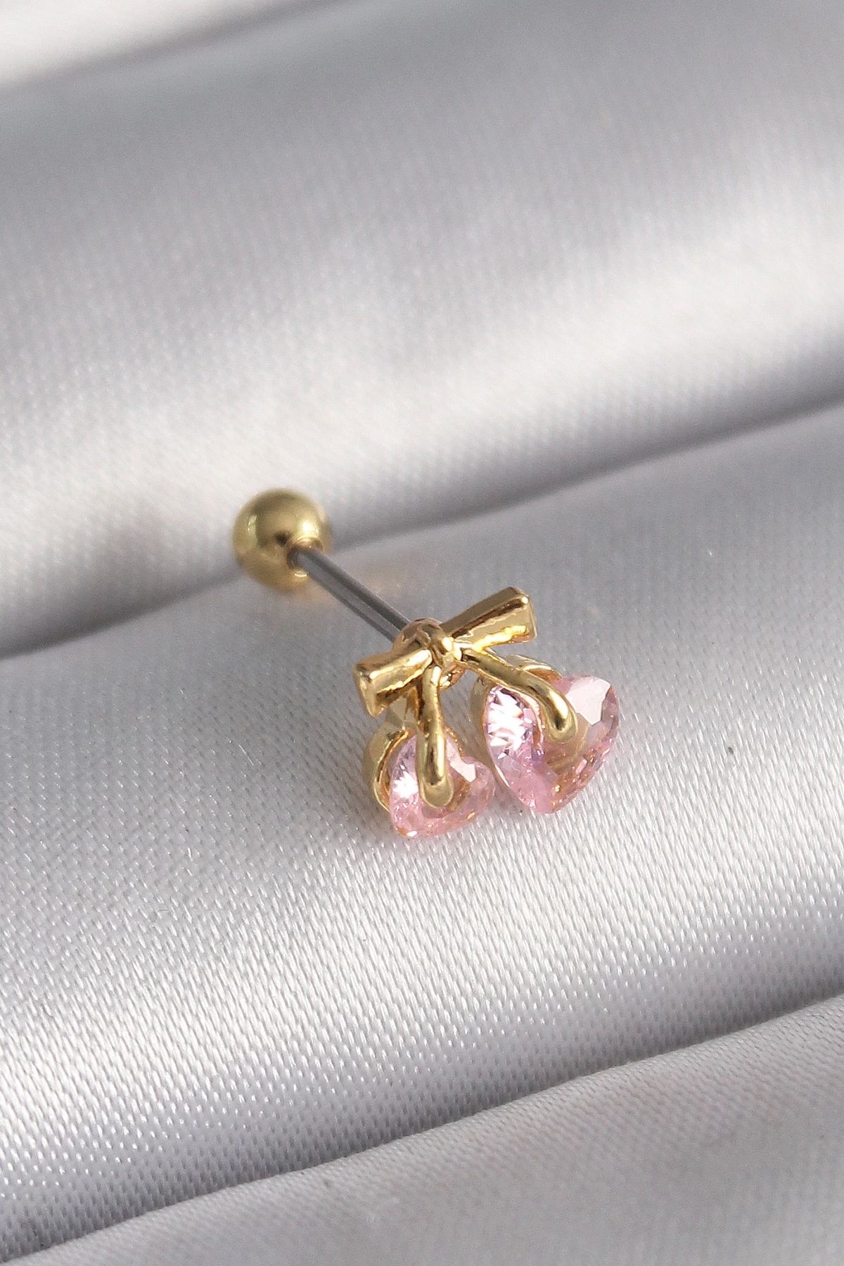 Clariss 316L Çelik Gold Renk Pembe Zirkon Taşlı Kalp Tragus Piercing