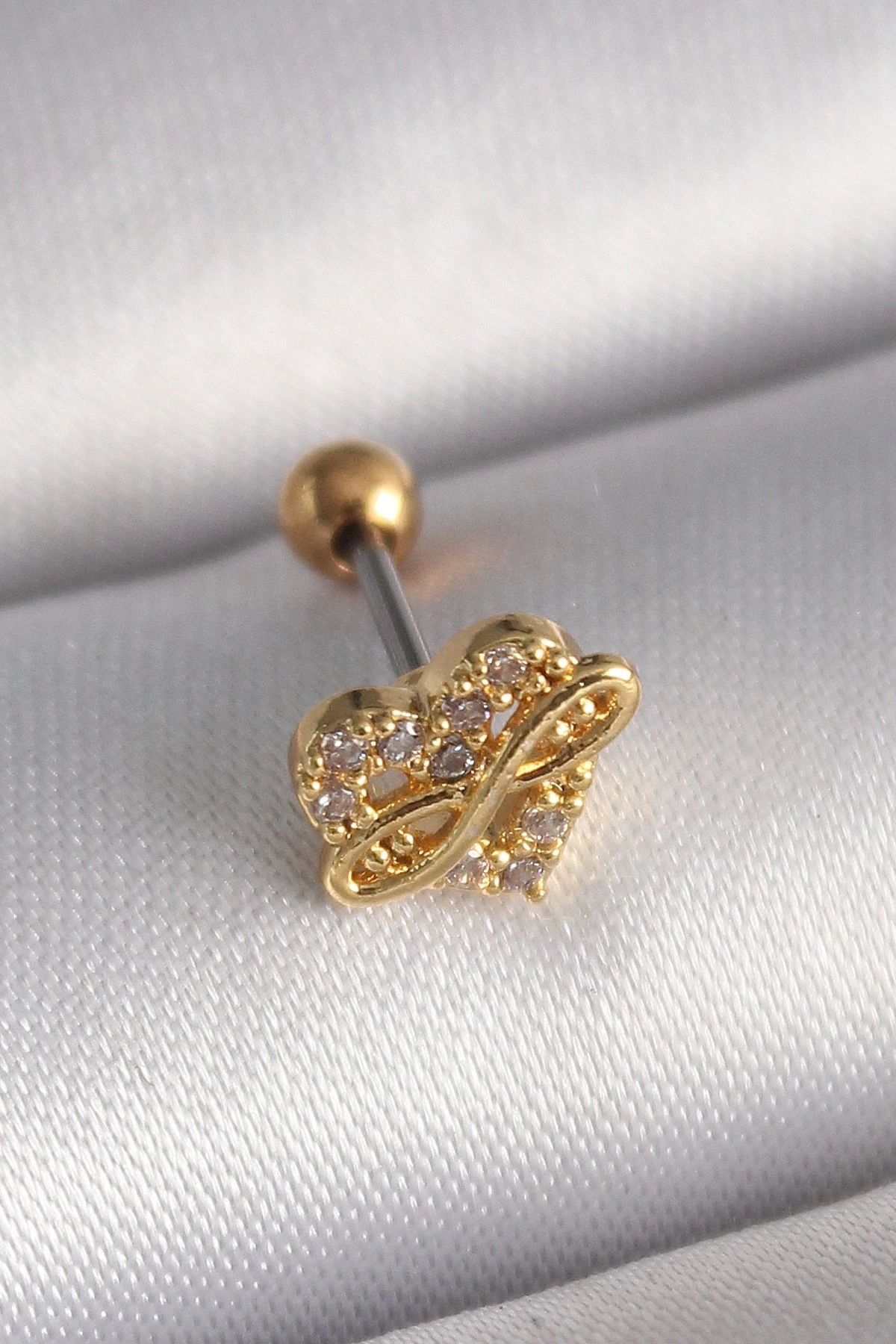 Clariss 316L Çelik Gold Renk Zirkon Taşlı Kalp Sonsuzluk Detay Tragus Piercing