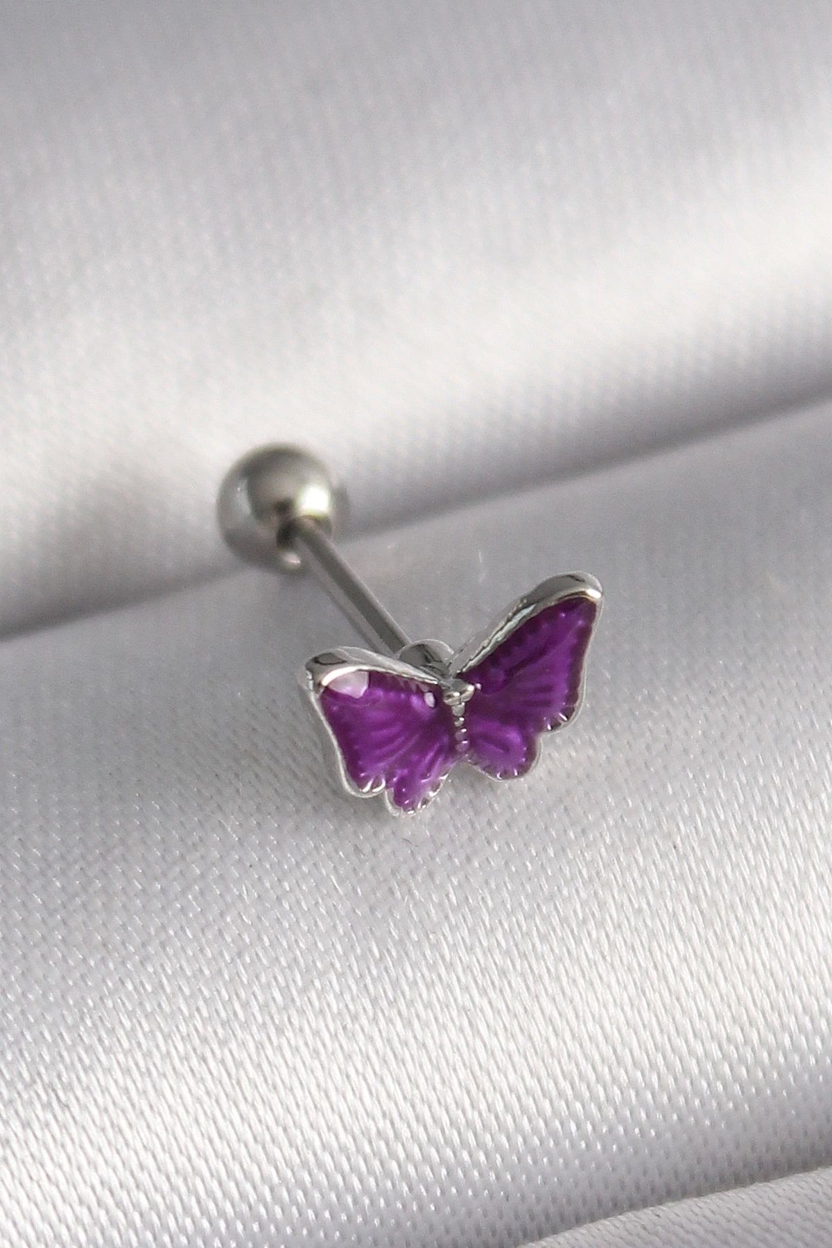 Clariss 316L Çelik Gümüş Renk Mor Kelebek Model Tragus Piercing