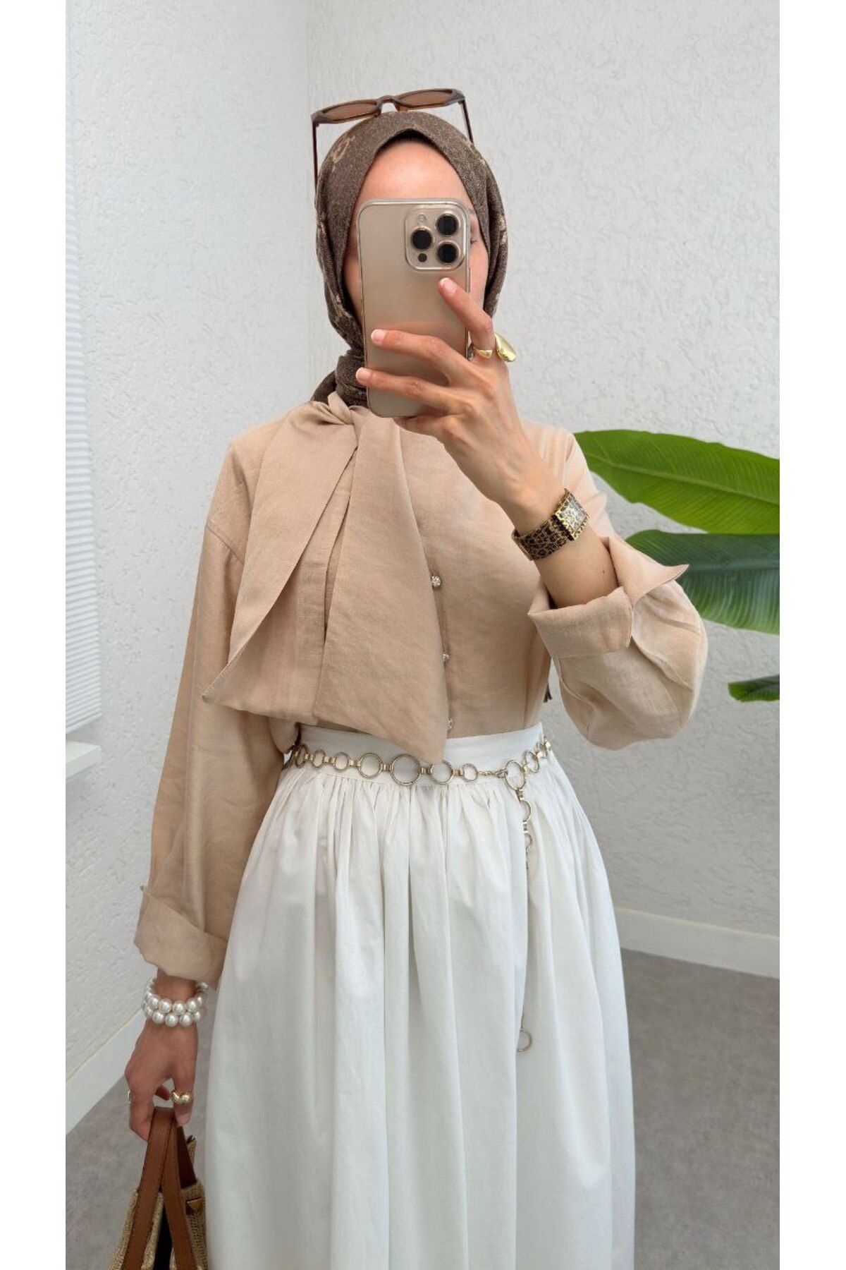 Castivo Fashion Fular Yaka İnci Düğmeli Gömlek