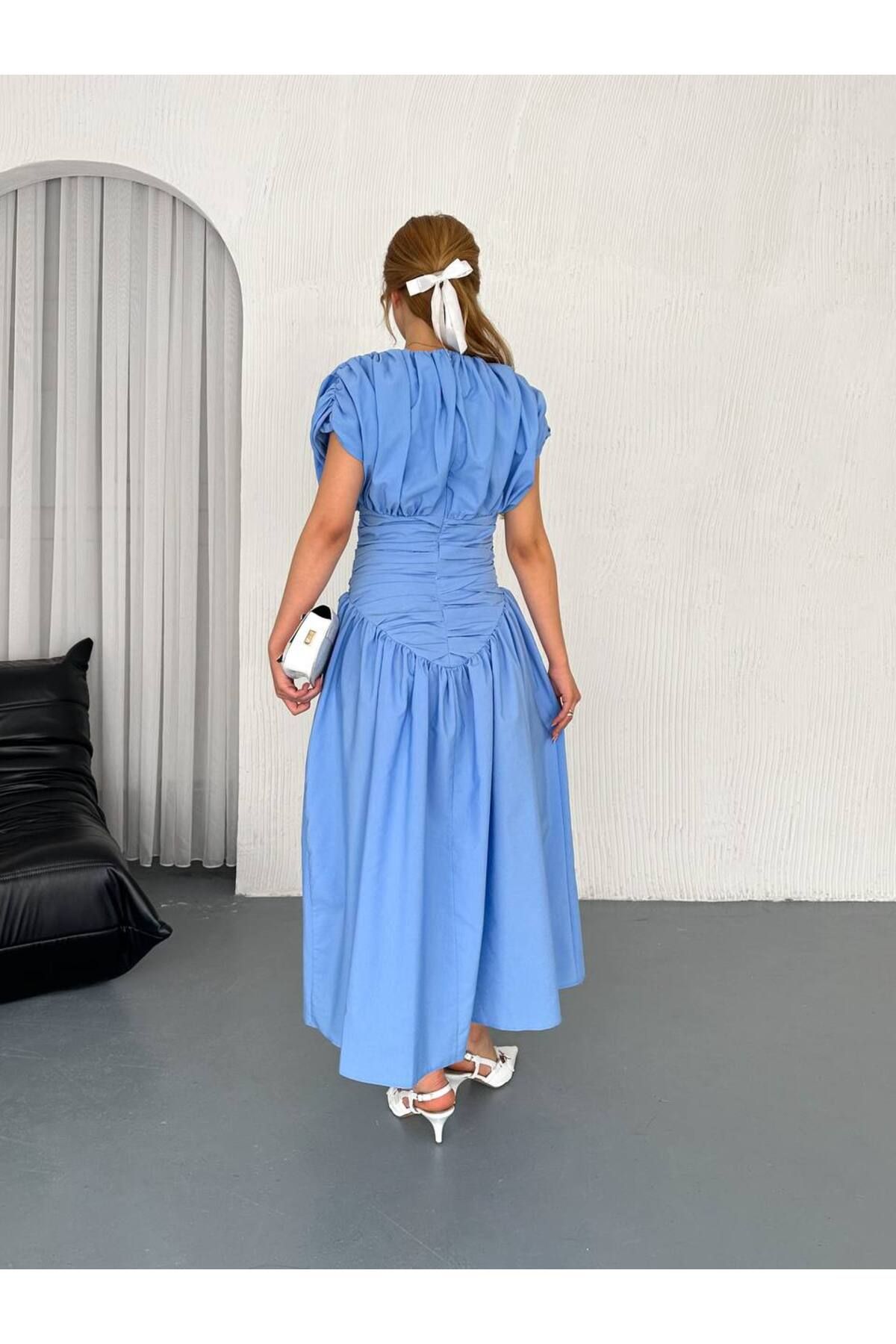 Castivo Fashion Bel Drapeli Fırfırlı Balon Kol Midi Elbise