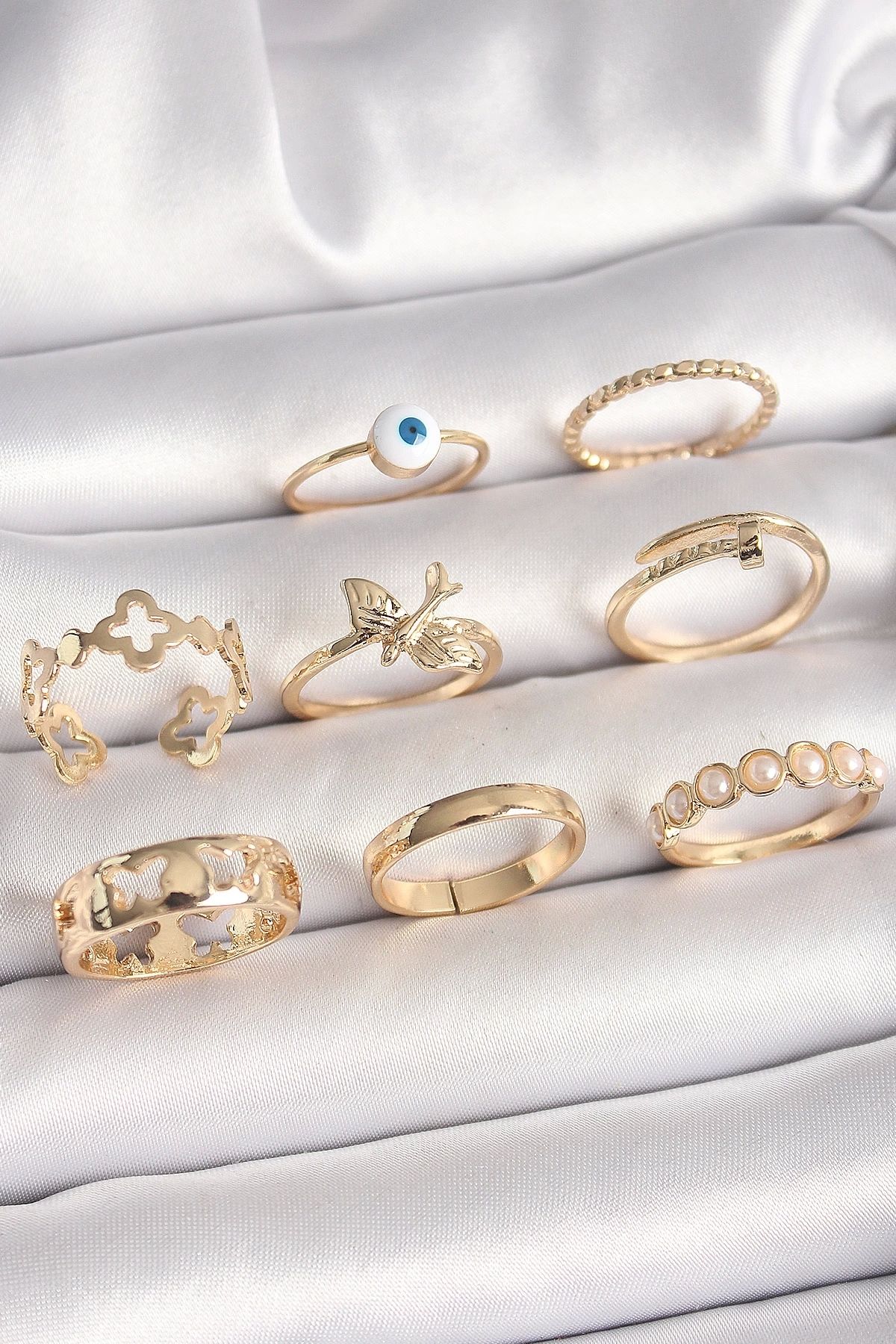 Clariss Pirinç Gold Renk Nazar Boncuk Model Kuş Detay Kadın Yüzük Kombini