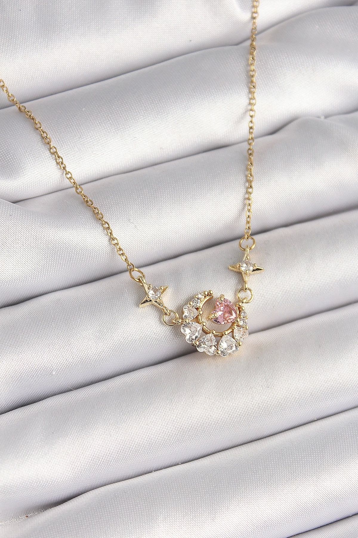 Clariss 316L Çelik Gold Renk Zirkon Taşlı Hilal Pembe Kalp Model Kadın Kolye