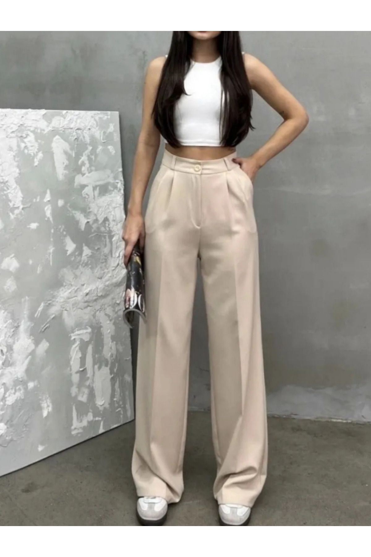 MODA Kadın Bej pileli kumaş Palazzo Pantolon