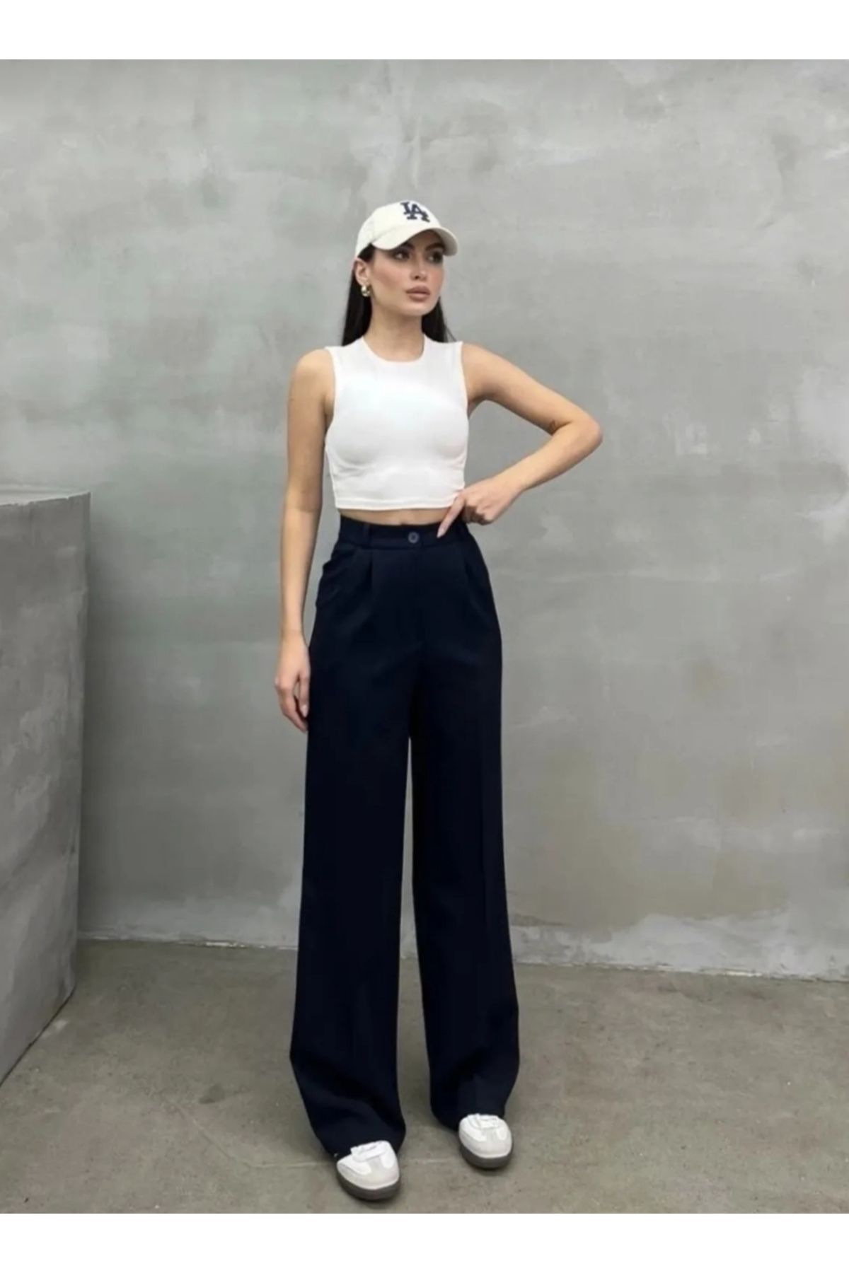 MODA Kadın Lacivert Pileli Palazzo Pantolon