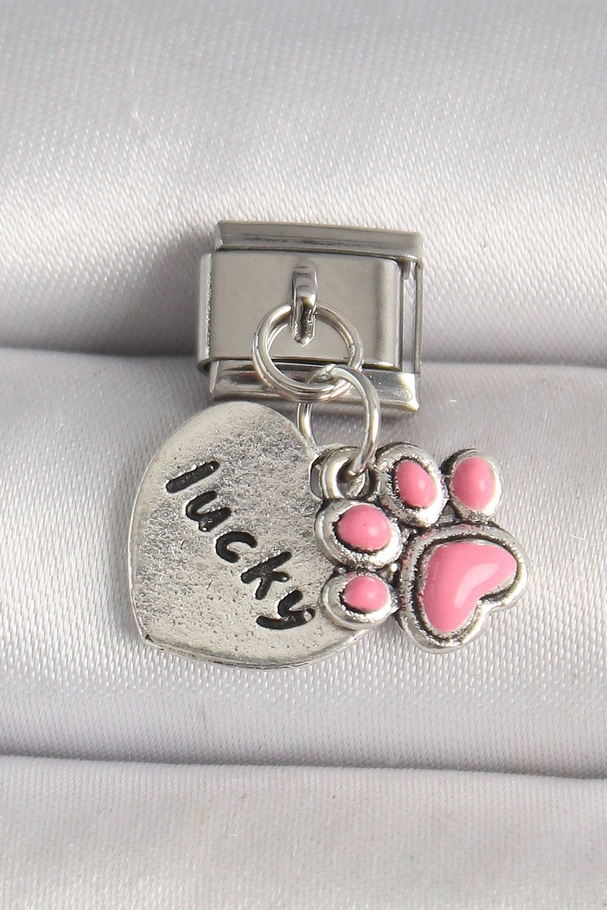 Clariss 316L Çelik Gümüş Renk Pembe Pati 'lucky' İşlemeli Kalp Model Nomination Charm