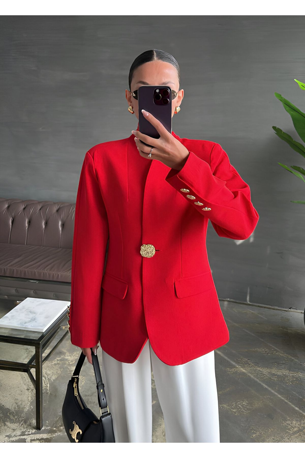 AlisaSu Kırmızı Gold Düğmeli Şal Yakalı Blazer Ceket
