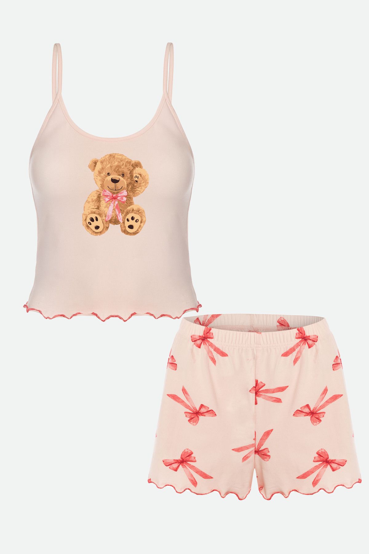 koza iç giyim Kadın İnce Askılı Desenli Pamuklu Şortlu Pijama Takımı