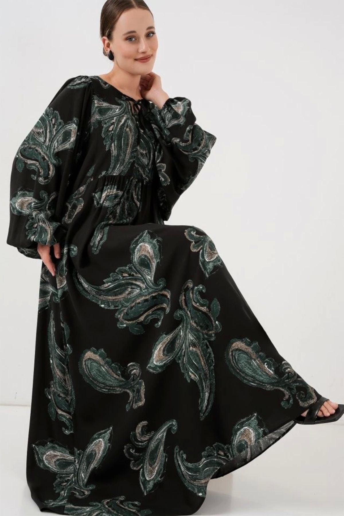 Butik Balon Kol Uzun Tesettür Elbise 2464 - Y.Yeşil