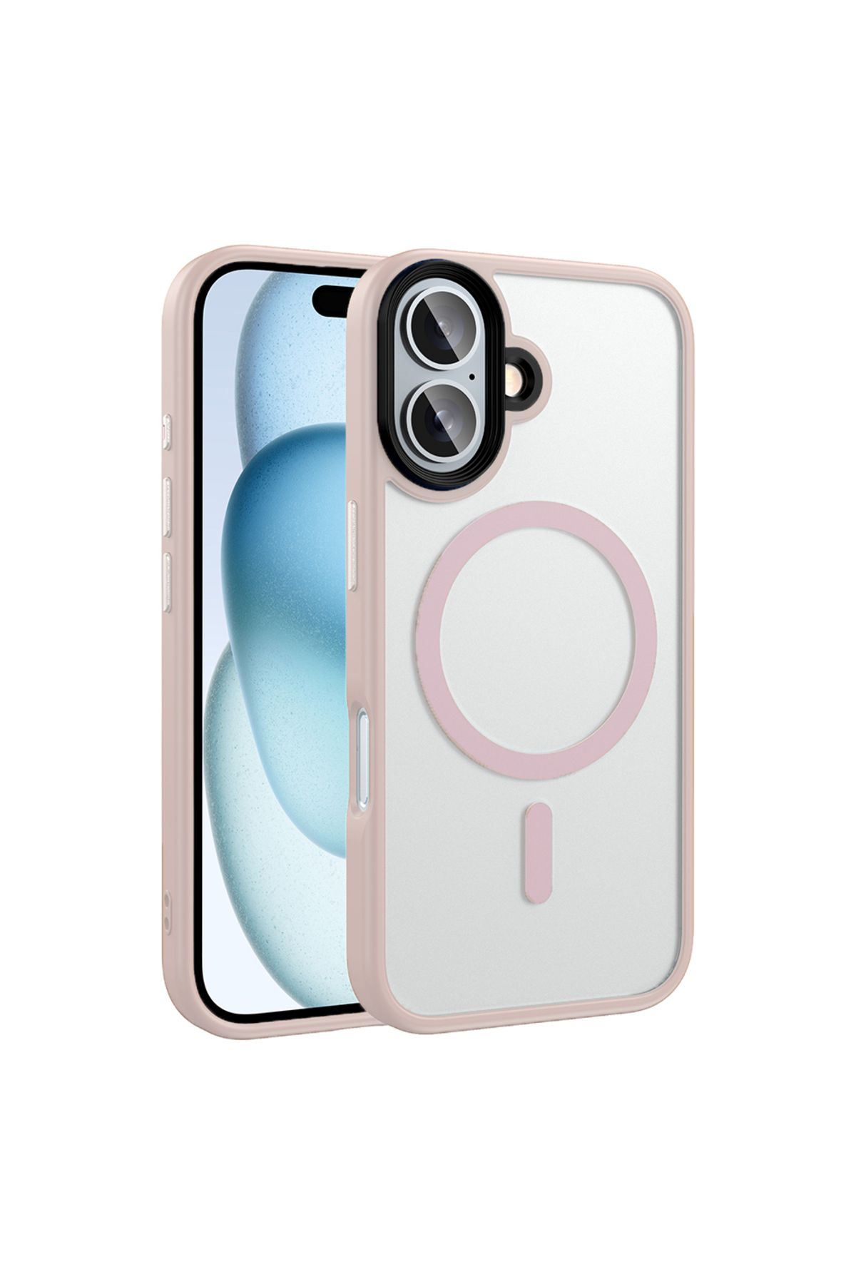HTstore iPhone Uyumlu 16 Kılıf Mat Arka Yüzey Wireless Şarj Özellikli Zore Flet M-safe Kapak-Rose gold