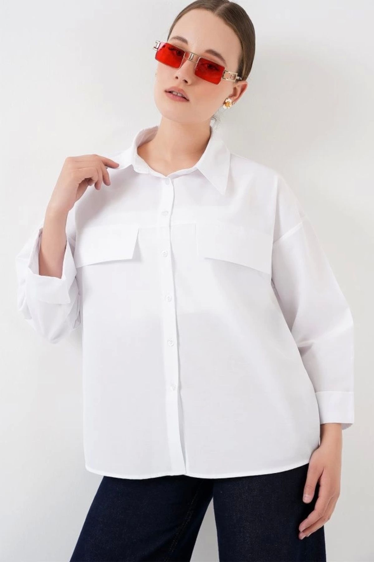 Butik Cep Detaylı Oversize Gömlek 20313 - Beyaz