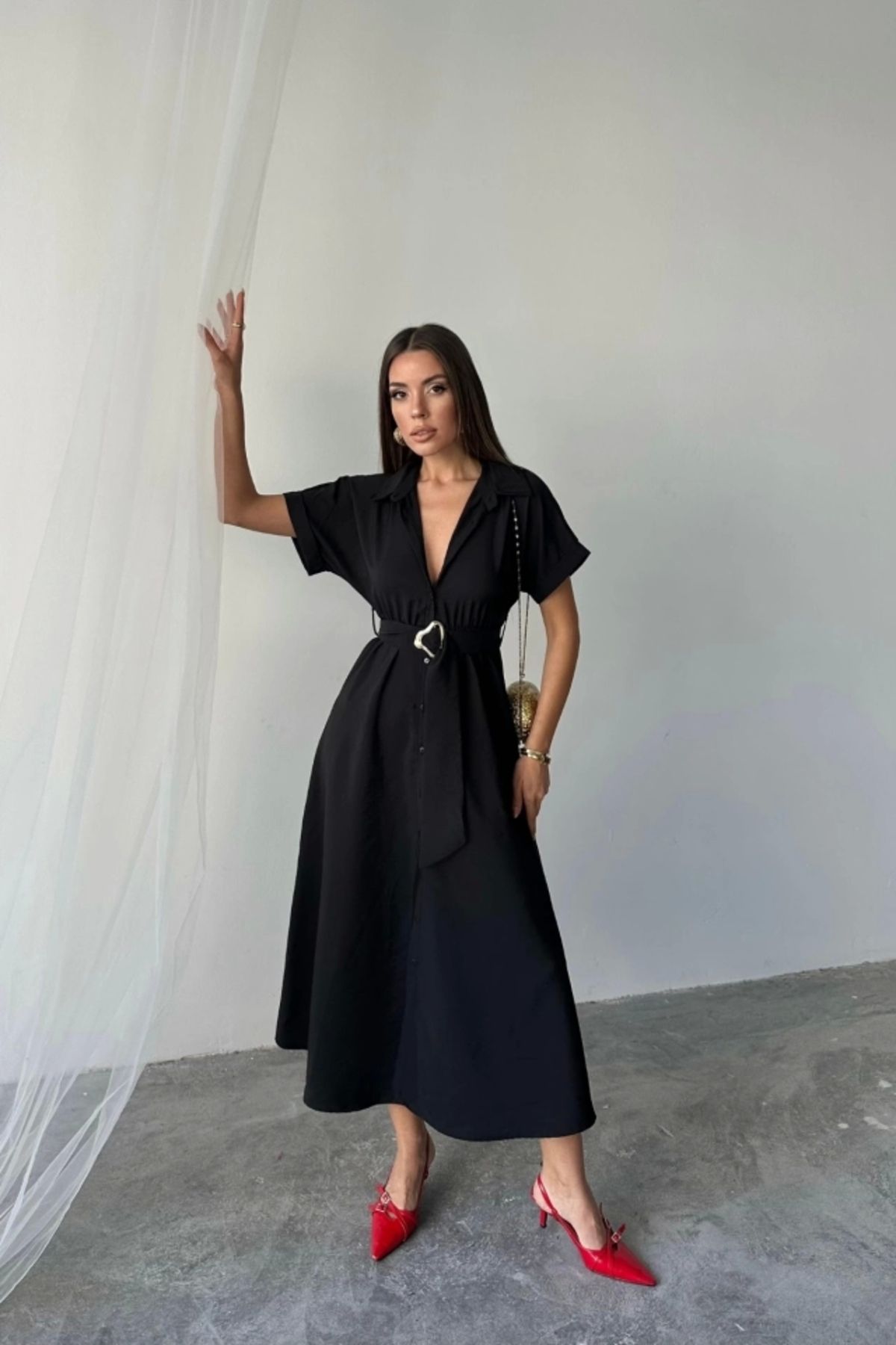 Butik ÖNDEN DÜĞMELİ CRUSHLI MODAL ELBİSE - Siyah