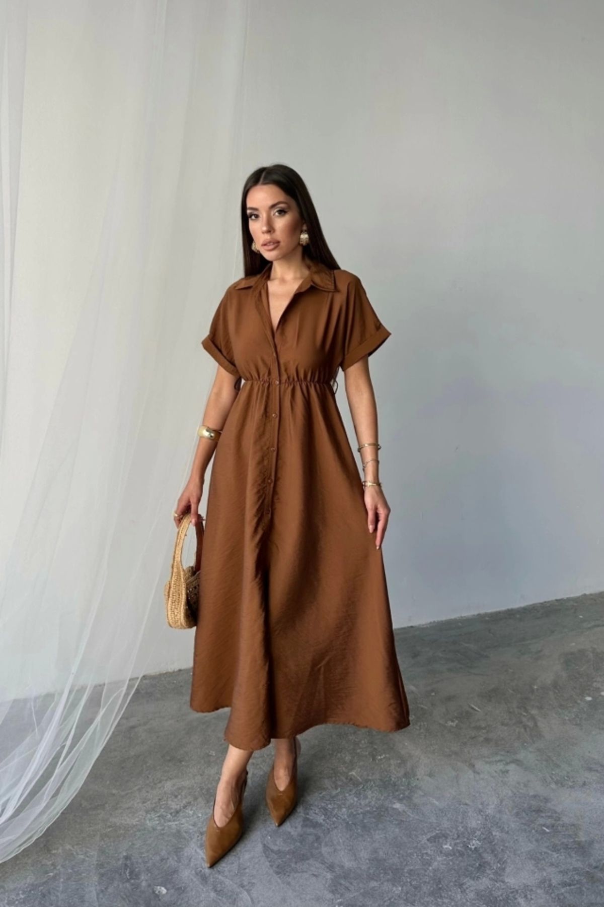 Butik ÖNDEN DÜĞMELİ CRUSHLI MODAL ELBİSE - Kahverengi