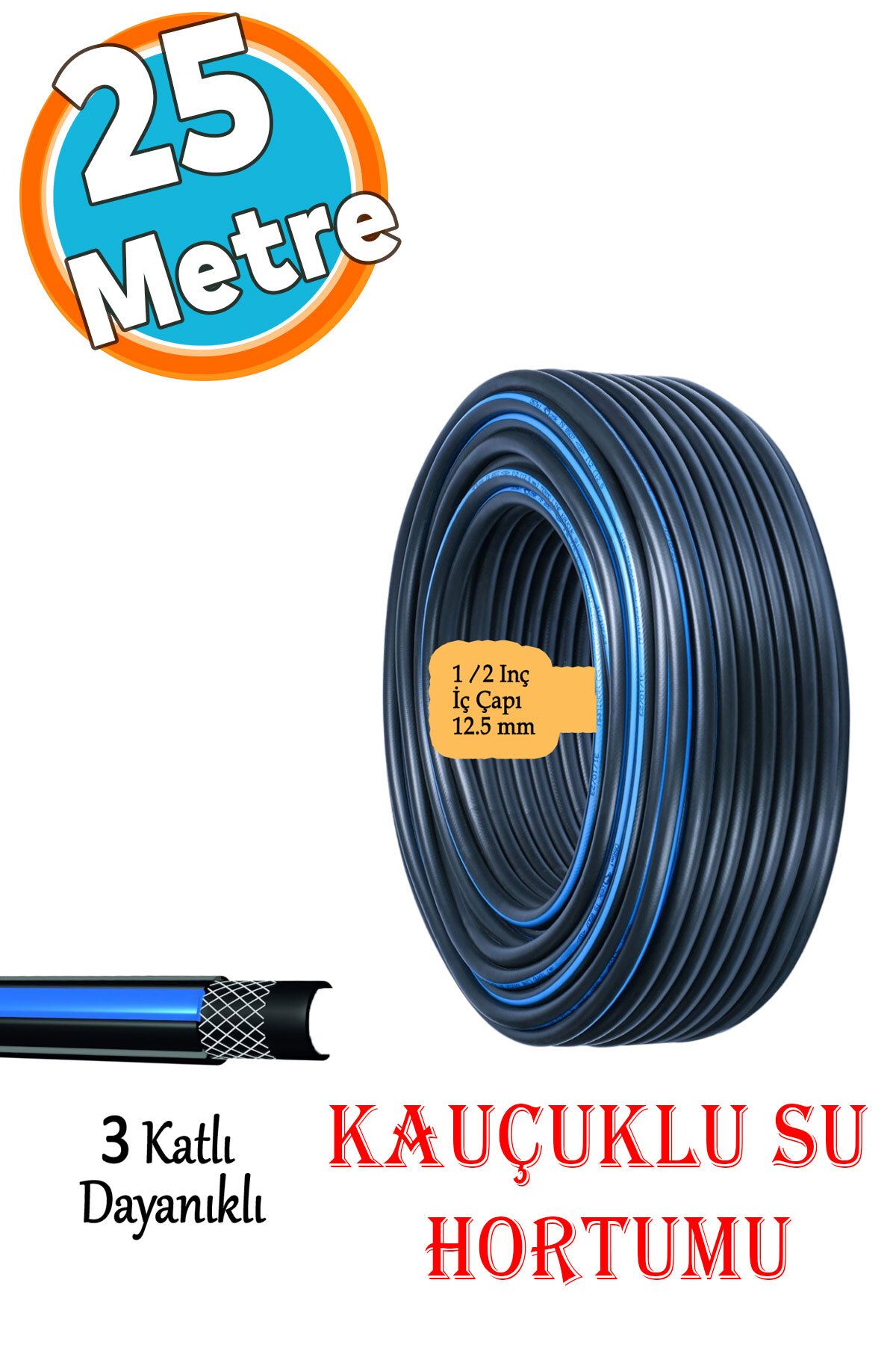 NZB Kauçuklu Termo Bahçe Hortumu 25 Metre Dayanıklı 3 Katlı Sağlam Su Sulama Yıkama Hortum 12.5 mm 1/2"
