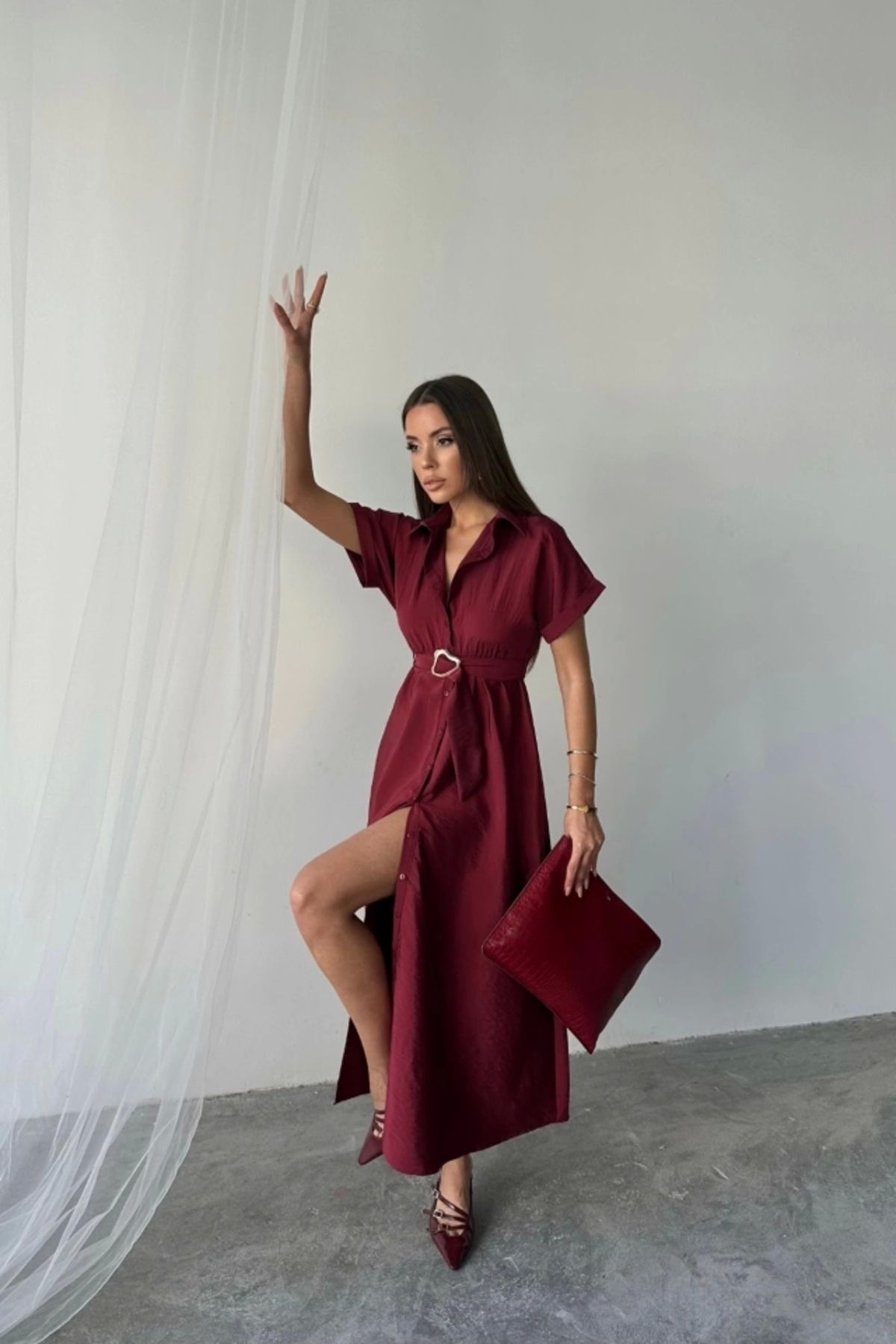 Butik ÖNDEN DÜĞMELİ CRUSHLI MODAL ELBİSE - Bordo