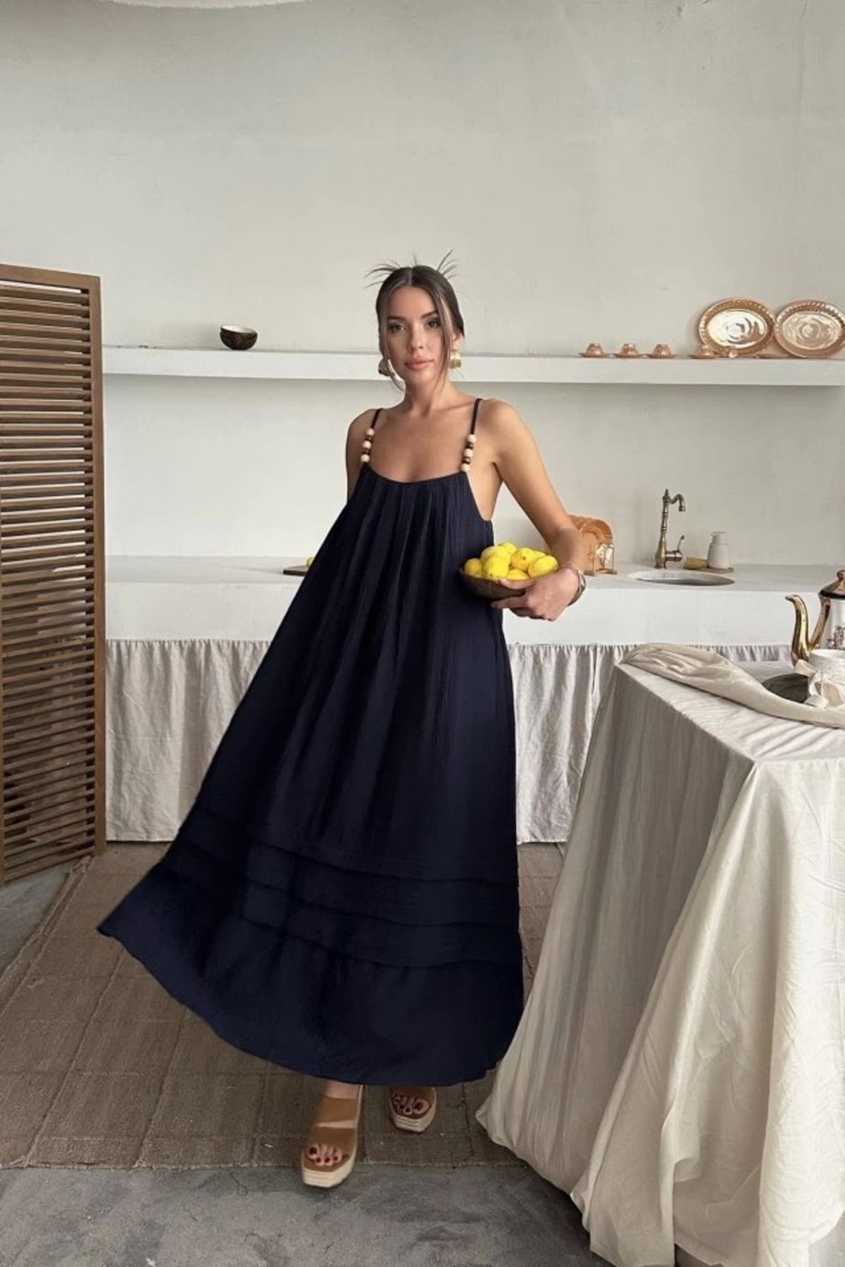 Butik Lacivert Askılı Müslin Elbise