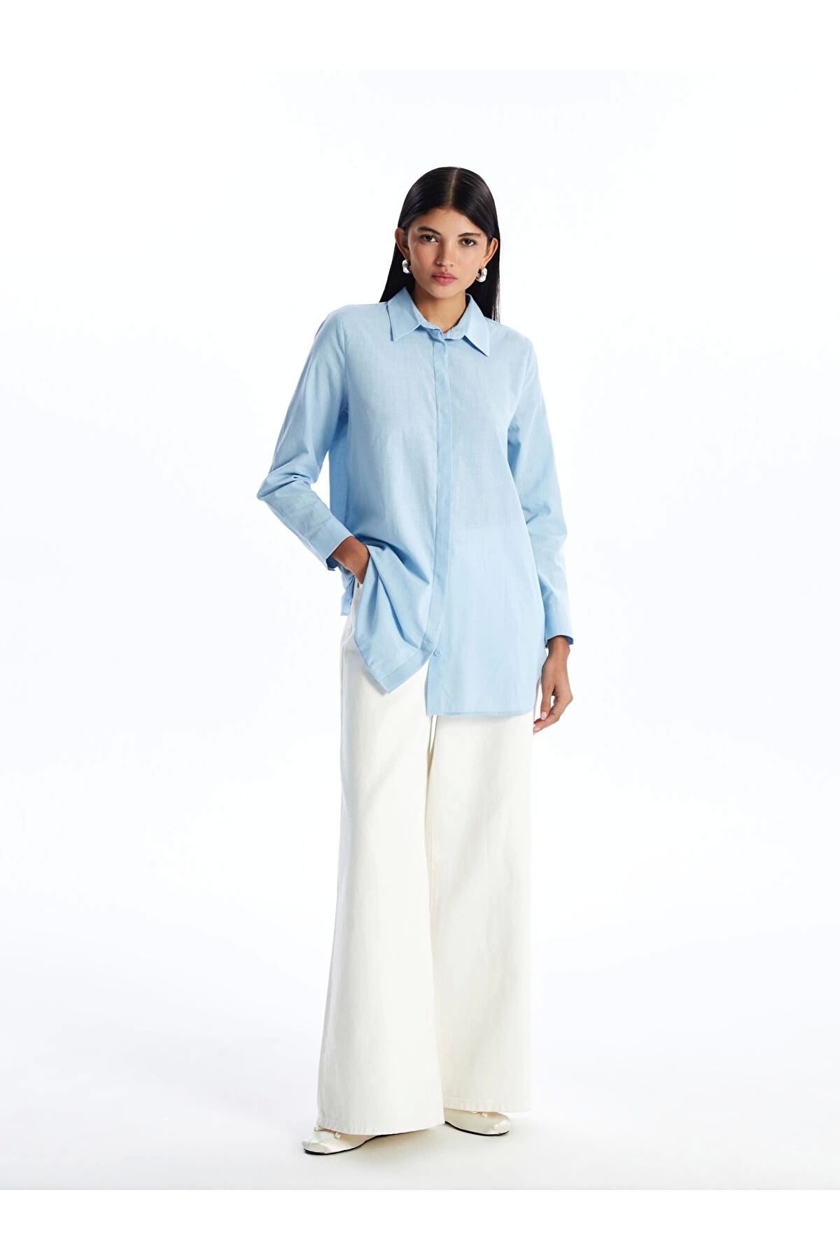 LC Waikiki LCW Modest Mavi Düz Uzun Kollu Kadın Gömlek Tunik
