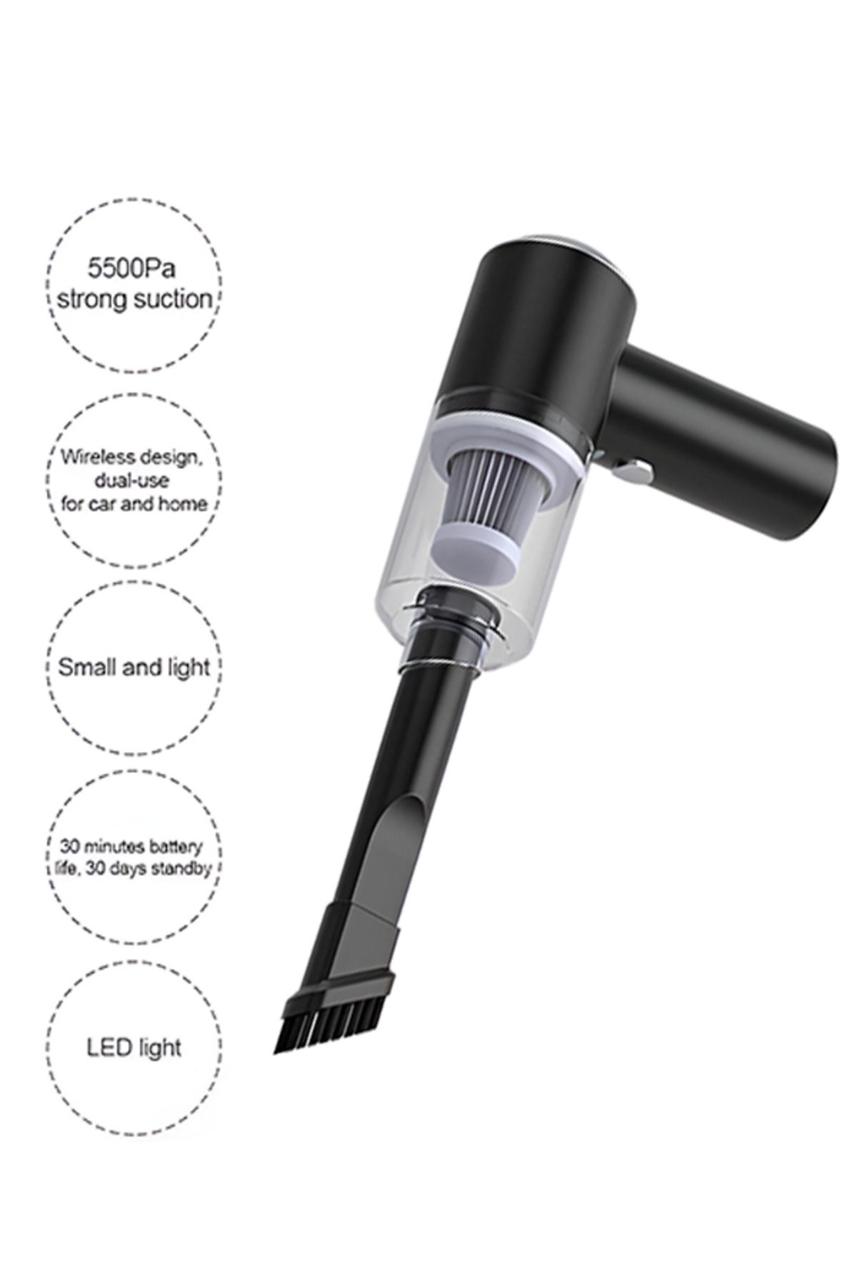 MACON-Portable Mini 2-in-1 Wireless Vacuum Cleaner – Compact Cordless Cleaner for Home & Car, Black/White 7