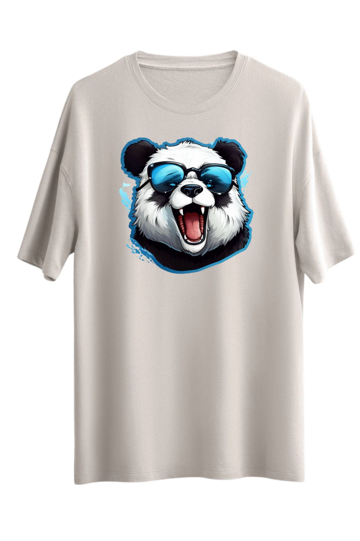 MODA BOL KESİM PANDA BASKILI OVERSİZE OMUZU DÜŞÜK T-SHİRT %100 PAMUK TÜYLENMEZ