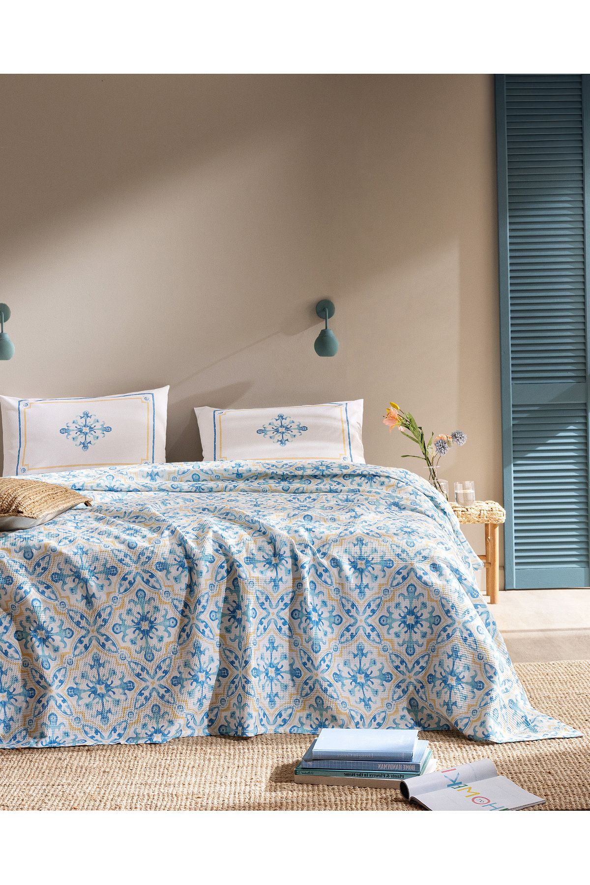 Madame Coco Adorlee King Size %100 Pamuk Karde Baskılı Pike Takımı - Mavi