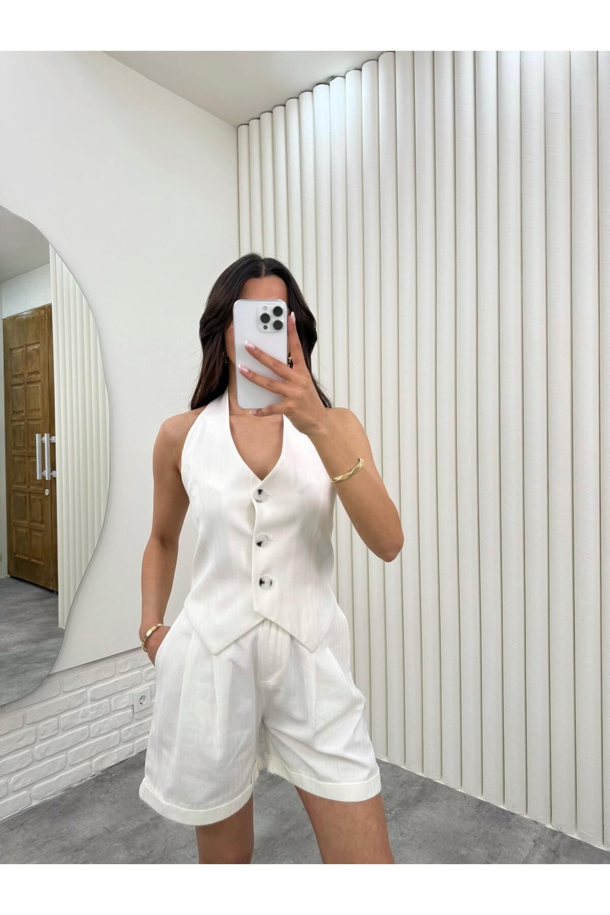 Gaus Ekru Beli Gipeli Düğmeli Üst Beli Lastikli Cepli Şort İkili Gabardin Takım Gaus00301