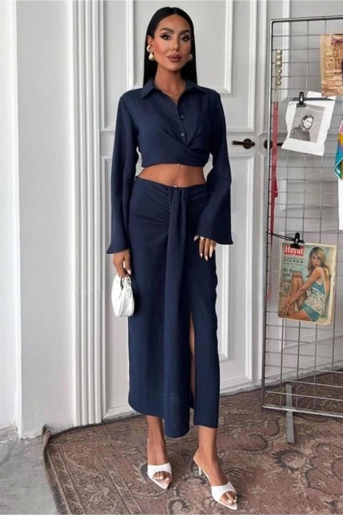 Butik Crop Gömlekli Ve Eteği Büzgülü Tasarım Takım 10195