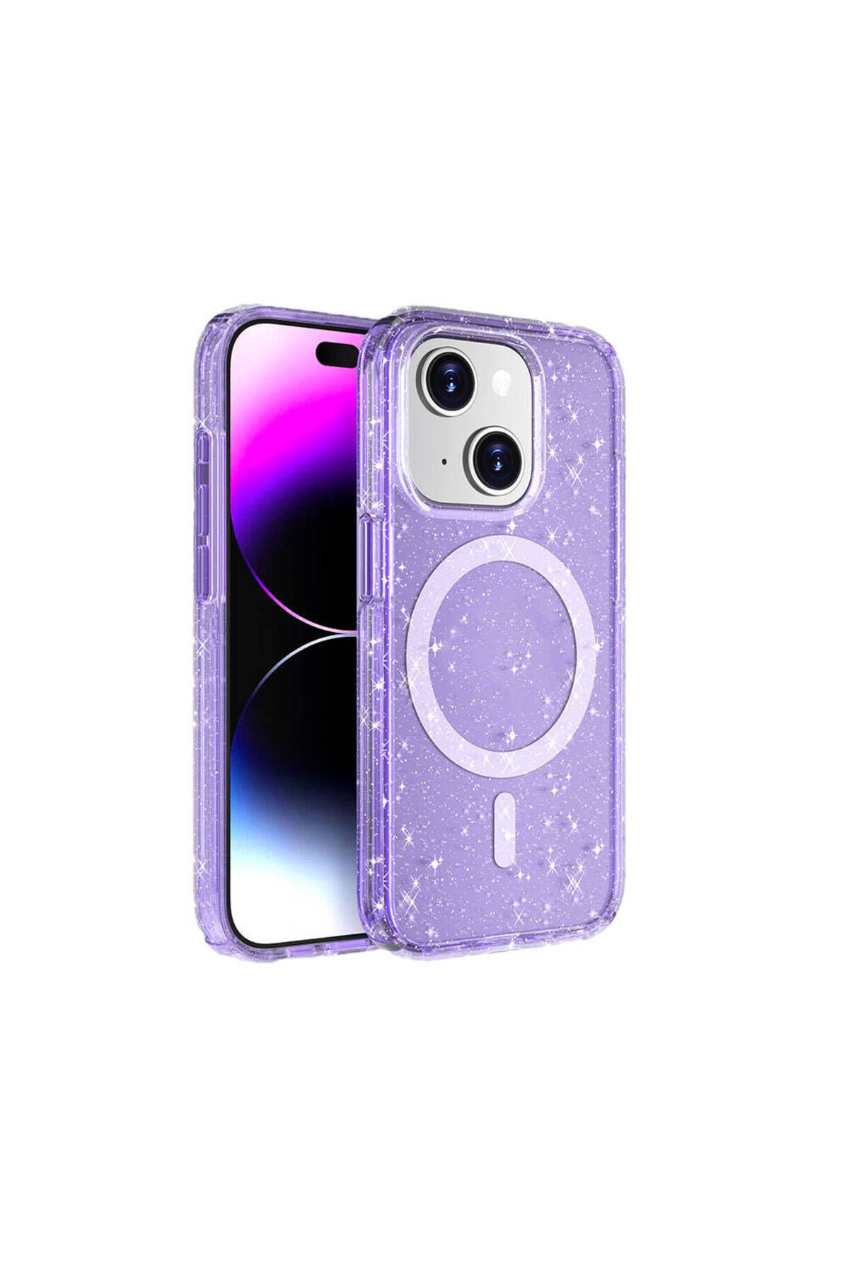 HTstore iPhone Uyumlu 15 Kılıf M-safe Şarj Özellikli Parlayan Simli Saydam Renkli Zore Allstar Kapak-Mor