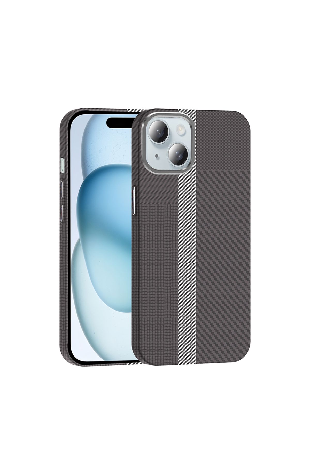 HTstore iPhone Uyumlu 15 Kılıf M-safe Şarj Özellikli Karbon Fiber Görünümlü Zore Gros Kapak-Gri-siyah
