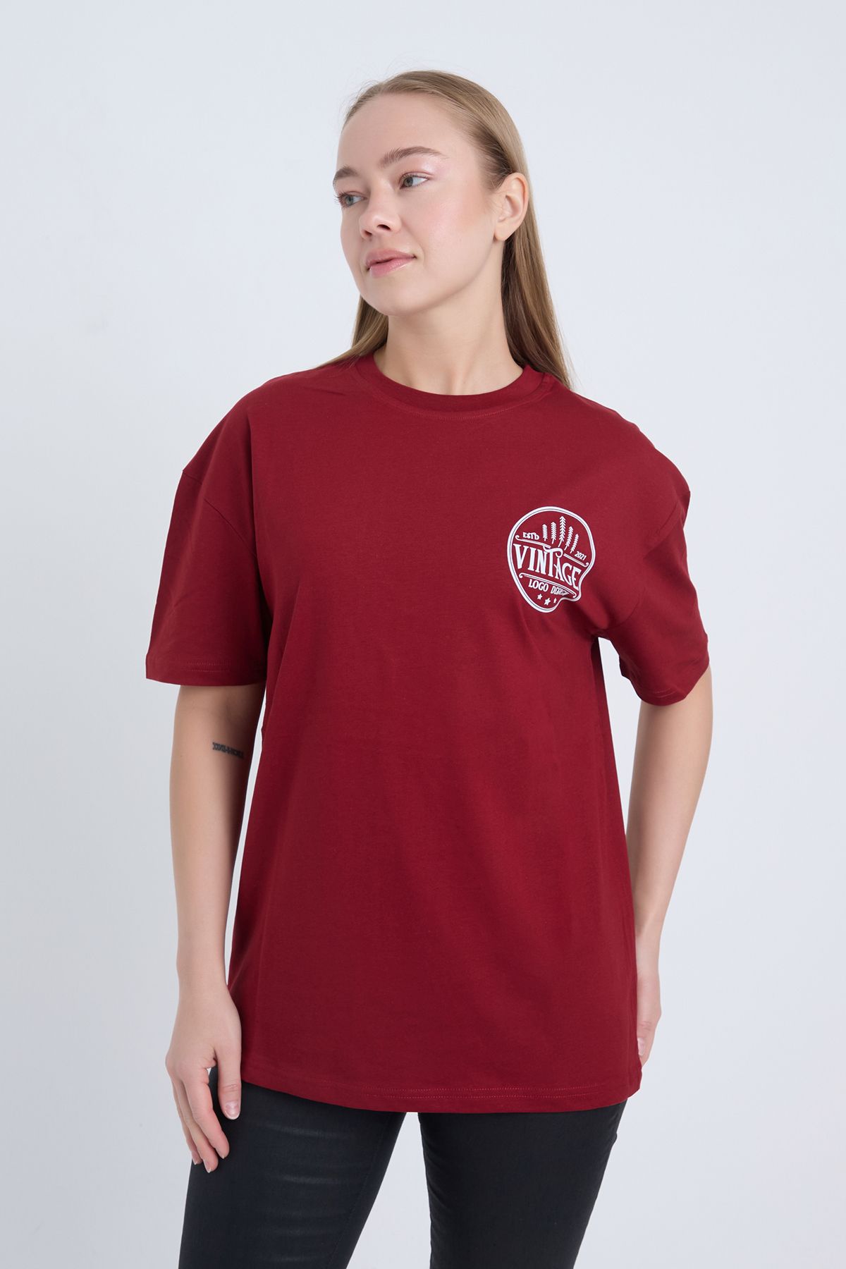 Moxe Collection Kadın Oversize Baskılı T-Shirt Bordo Vintage